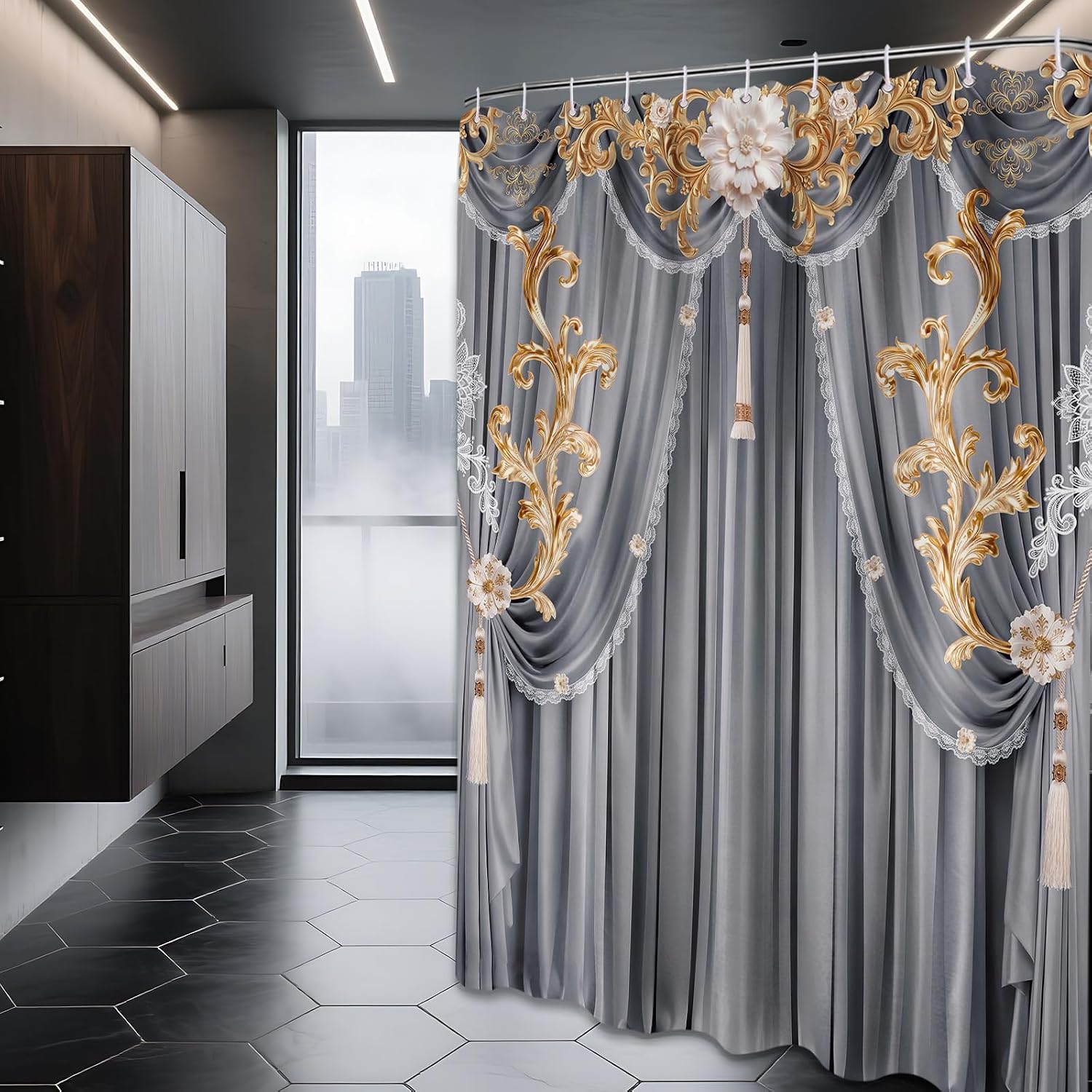 Grey Elegant Shower Curtain Light Gray Vintage Luxury European Shower Curtains for Bathroom Decor Set, Waterproof Polyester Cloth Fabric with Hooks, 60 X 72 Inch image 3