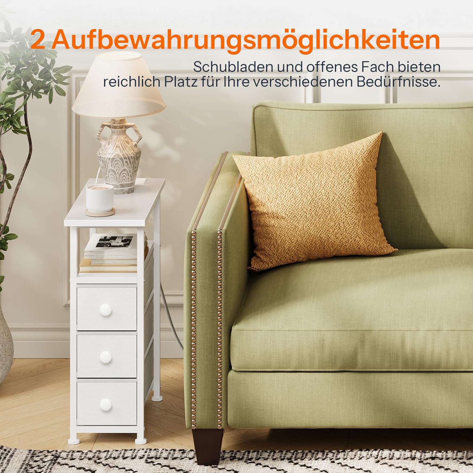 HOOBRO Nachttisch mit Ladestation, 1 Standardsteckdose, 2 USB-Anschlüsse, schmaler Beistelltisch, 3 Vliesstoff-Schubladen, offenes Fach, für Wohn-, Schlafzimmer, Weiß EWW482CBZ01