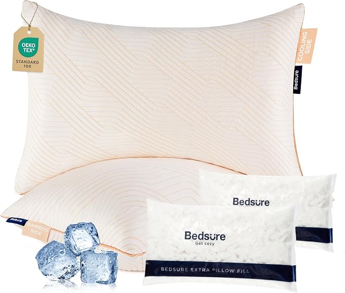 Bedsure Memory Foam Pillows Queen Size, Set of 2, Adjustable Firm Bed Pillows for Sleeping, Cooling Dual-Sided Design, Rayon Derived from Bamboo Pillowcases for Side, Back, Stomach Hot Sleepers
