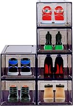 JECCICHY 6 Pack Shoe Organizer for Closet, Shoe Storage Container with Lids, Clear Shoe Box Stackable, Thick Hard Plastic, Drop Front Door, Within US Size 12, Outside Size: 13.54”x10.63”x7.48”(smoky)
