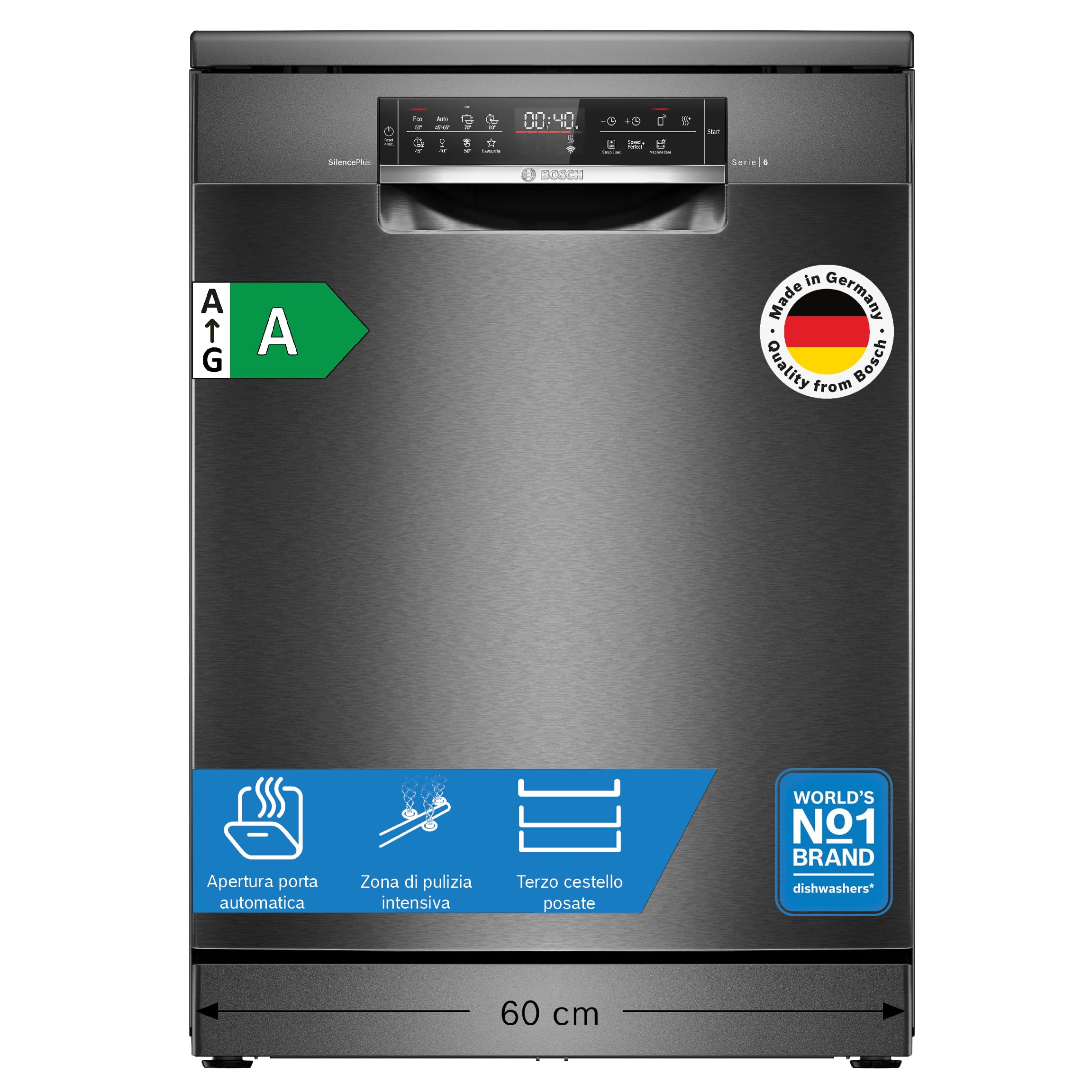 Bosch SMS6ECC12E Serie 6, Lavastoviglie da libera installazione, Home Connect, Extra Clean zone: lavaggio intenso per lo sporco più ostinato, Assistente al lavaggio, Programma Preferito,​Nero, 60 cm