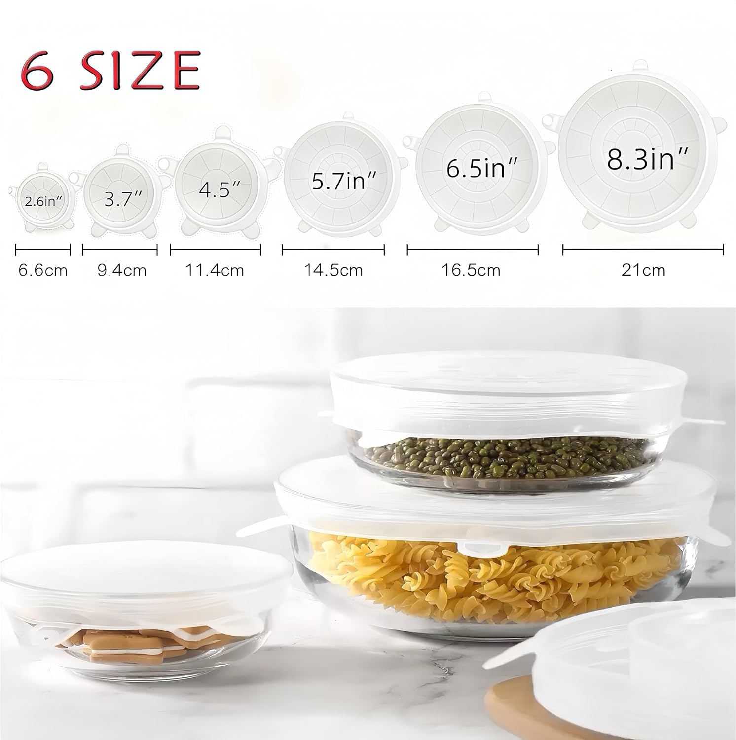 Reusable Elastic Silicone Stretch Lids, for Food Storage in Fridge|Heat Flexible Round Silicone Bowl Covers,for Round and Rectangle Containers 6PC