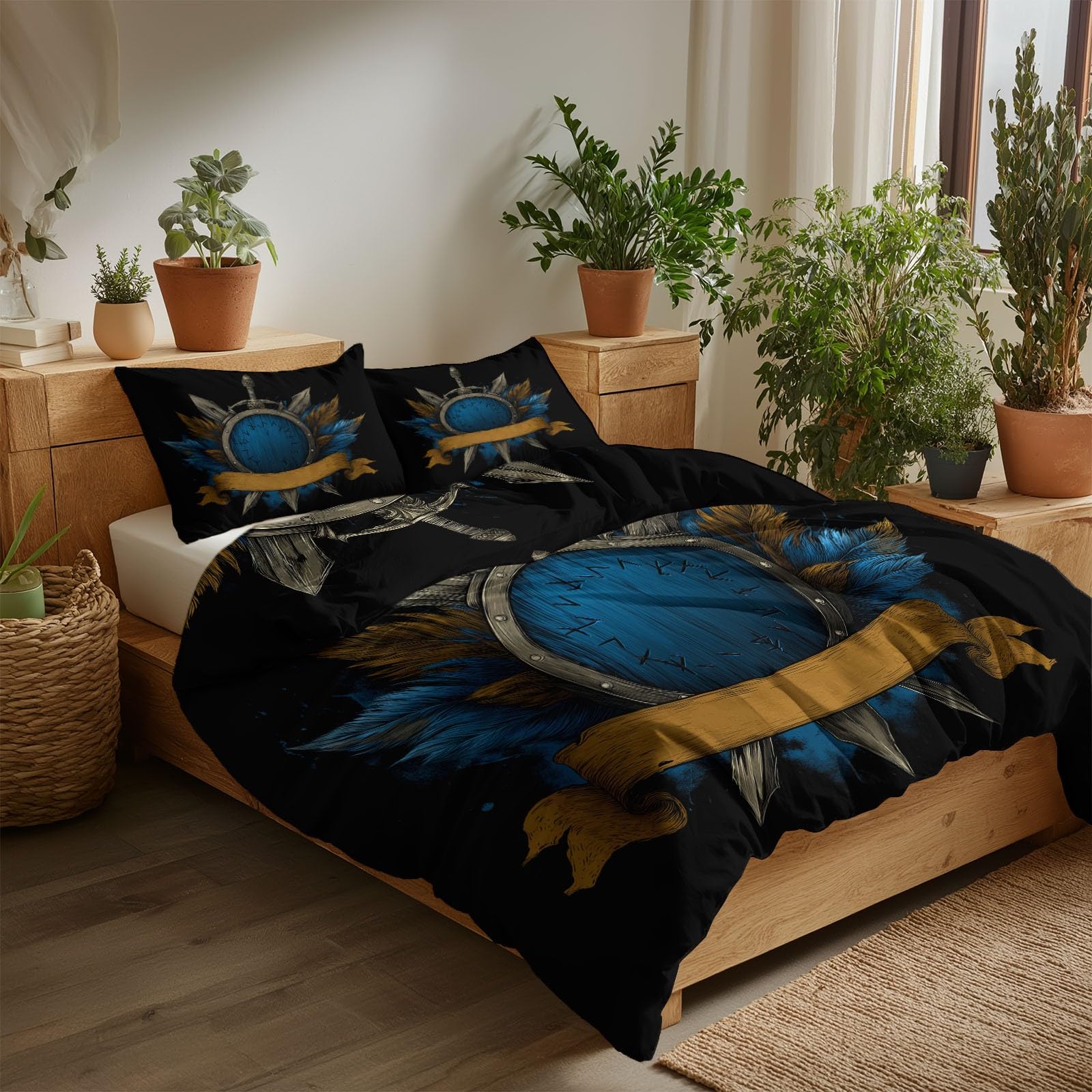 Poszwa na kołdrę 105 Vintage Miecz i Pióro Tarcza 200 x 200 cm Miękki Zestaw Pościeli, Czarny Zestaw Poszewek Z Mikrofibry Edredon i 2 Poszewki Na Poduszki Łatwa Pielęgnacja
