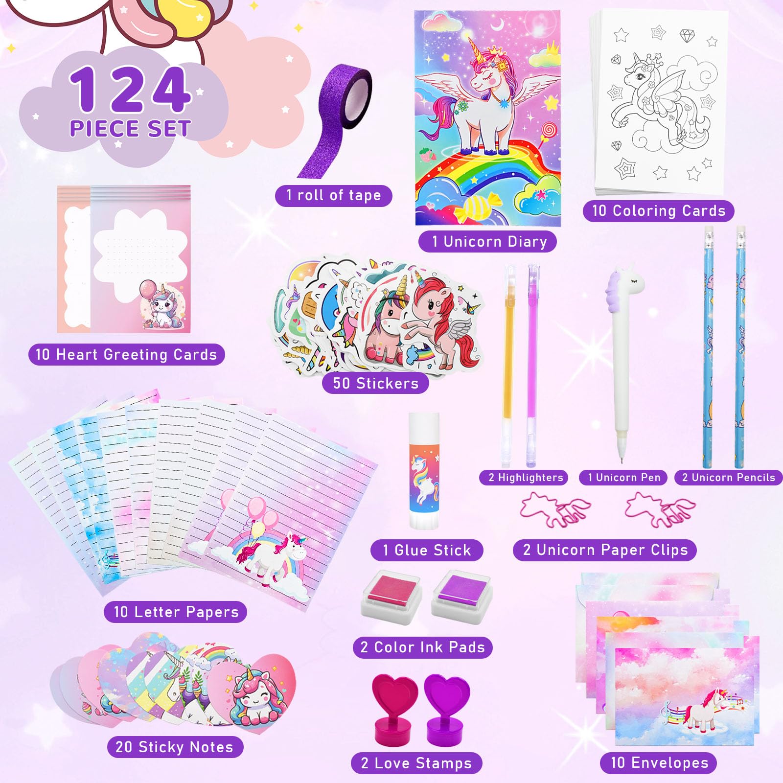 Licorne Ensemble de Papeterie, Cadeau Fille 6 7 8 9 10 11 12 Ans, Journal Intime Fille, Kit Carnet Scrapbooking Enfant, Jeux Creatif, Kit D'écriture, Cadeaux D'anniversaire Noël, 124 Pièces