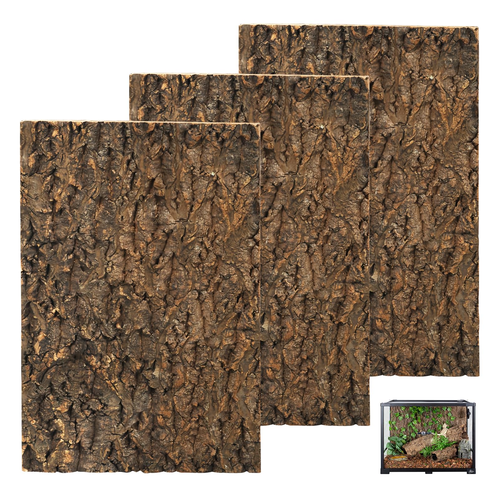 GOMETY 3 piezas corteza de corcho para terrario 30x20 cm, paredes traseras naturales aspecto corteza de árbol, decoración de pared para reptiles, lagartos, geckos, tortugas, serpientes y dragones