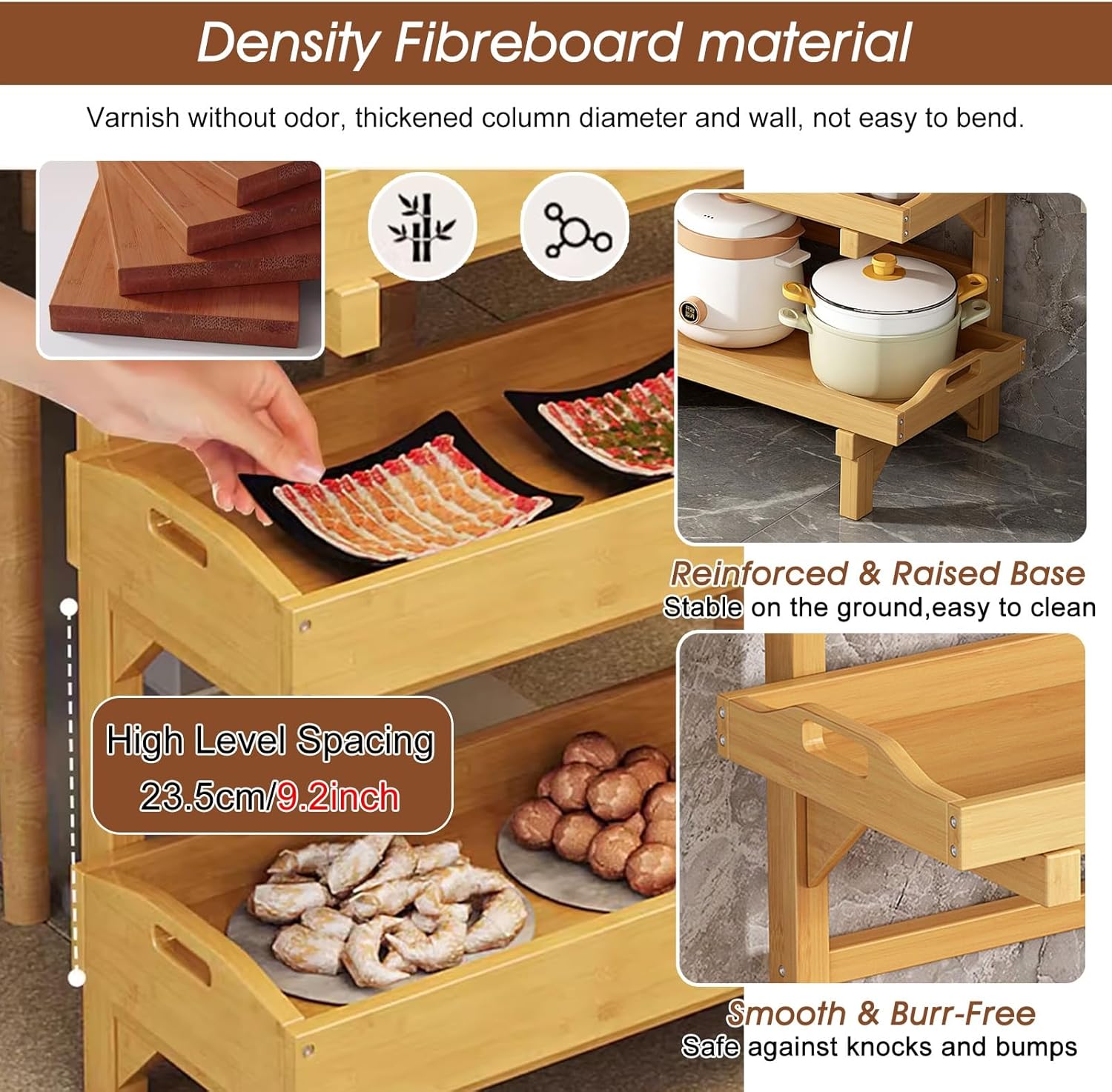 Commercial Snack Shelf Display Stand, 3-Tier Wooden Vegetable & Fruit Storage Rack with Guardrails, Free-Standing Supermarket Snack Organizer for Home, Kitchen, Pantry