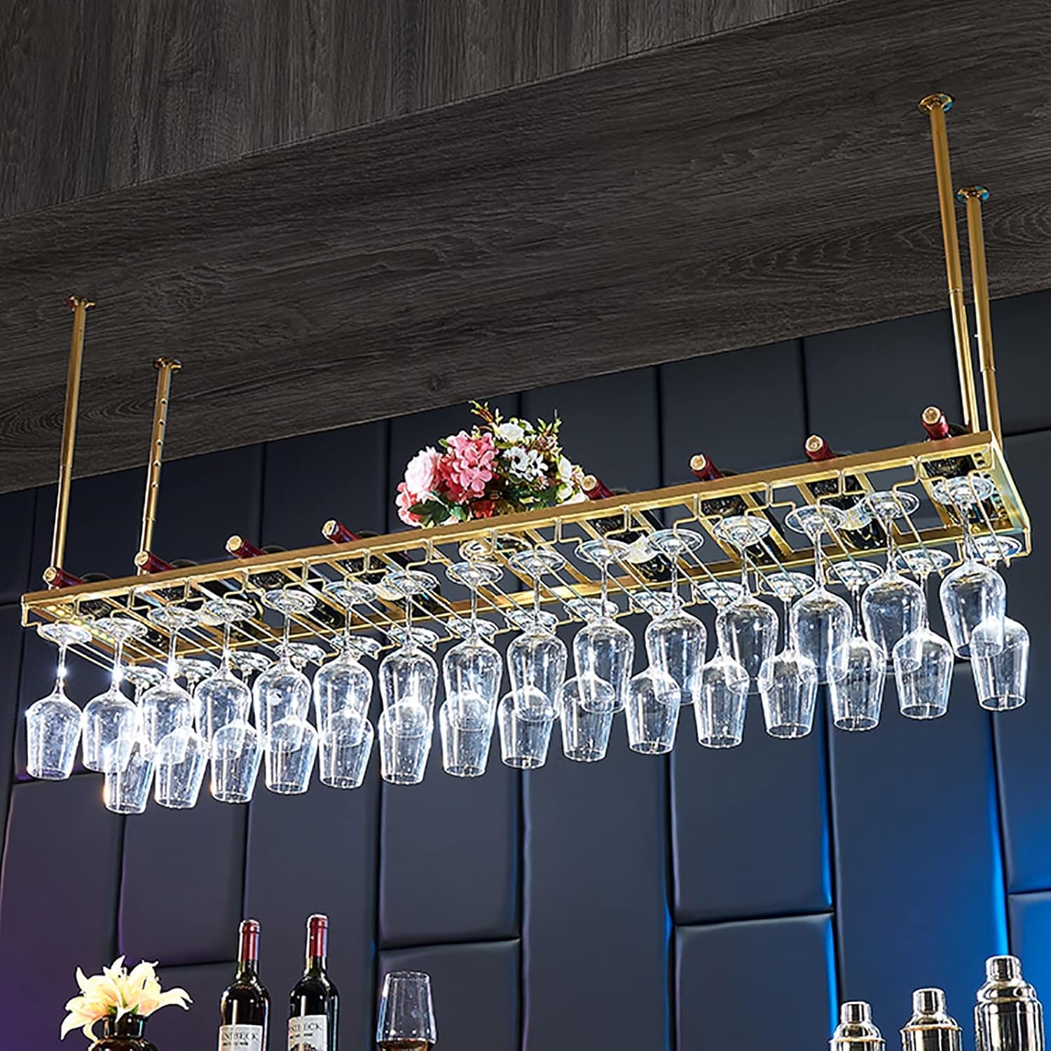 Hanging Wine Glass Holder Wine Racks,Ceiling Wine Holder,Adjustable Height,Wall-Mounted Iron Wine Glass Rack,Gold Stemware Rack for Bars Restaurants Kitchens