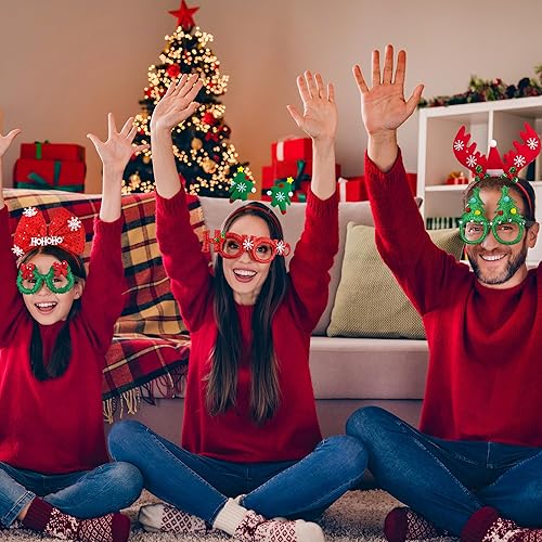 Miniatura 4 de 24 piezas de recuerdos de fiesta de Navidad, varios estilos, juego de diademas y gafas de Navidad, lindo juego de anteojos con purpurina de fieltro