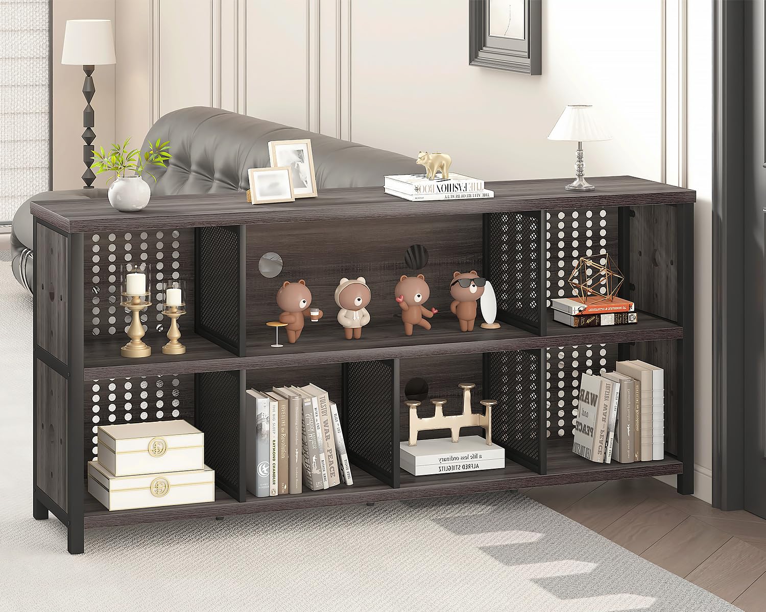 LVB Bücherregal Standregal mit Holz und Metall Bücherschrank mit 8 Offene Fächer Würfelregal Büroregal horizontal für Wohnzimmer Homeoffice Kinderzimmer Dunkelgrau 34T x 160B x 76H
