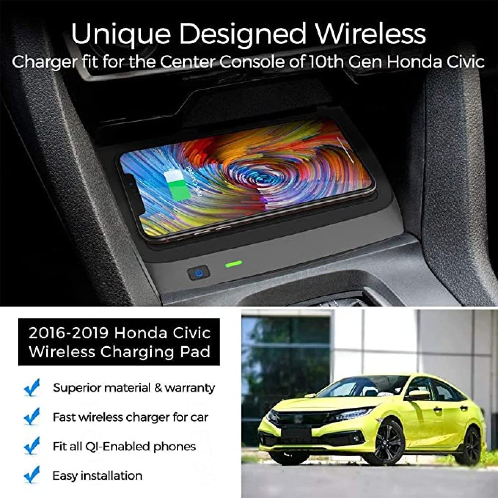 Car Wireless Charger for H-on da Civic 10th Generation 2016-2019,10W Fast Induction Phone Charging pad Center Console Accessory Panel for All Qi Phone