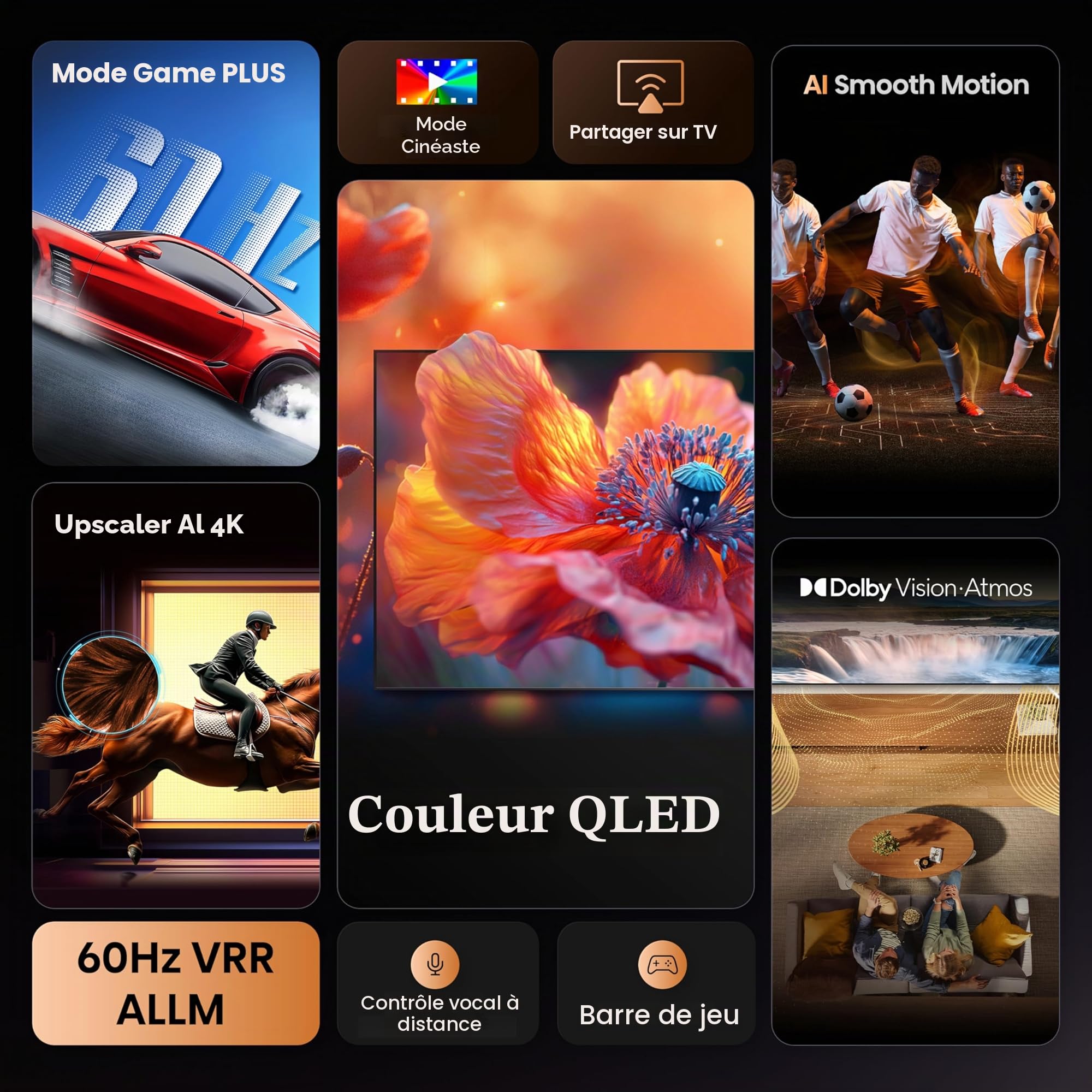 Hisense Smart TV 55 Pouces 55E7Q QLED 4K UHD Téléviseur, Dolby Vision Atmos, Mode Sport IA MEMC, HDR, VIDAA avec Youtube, Netflix, Disney+, Canal +, Commande vocale Alexa