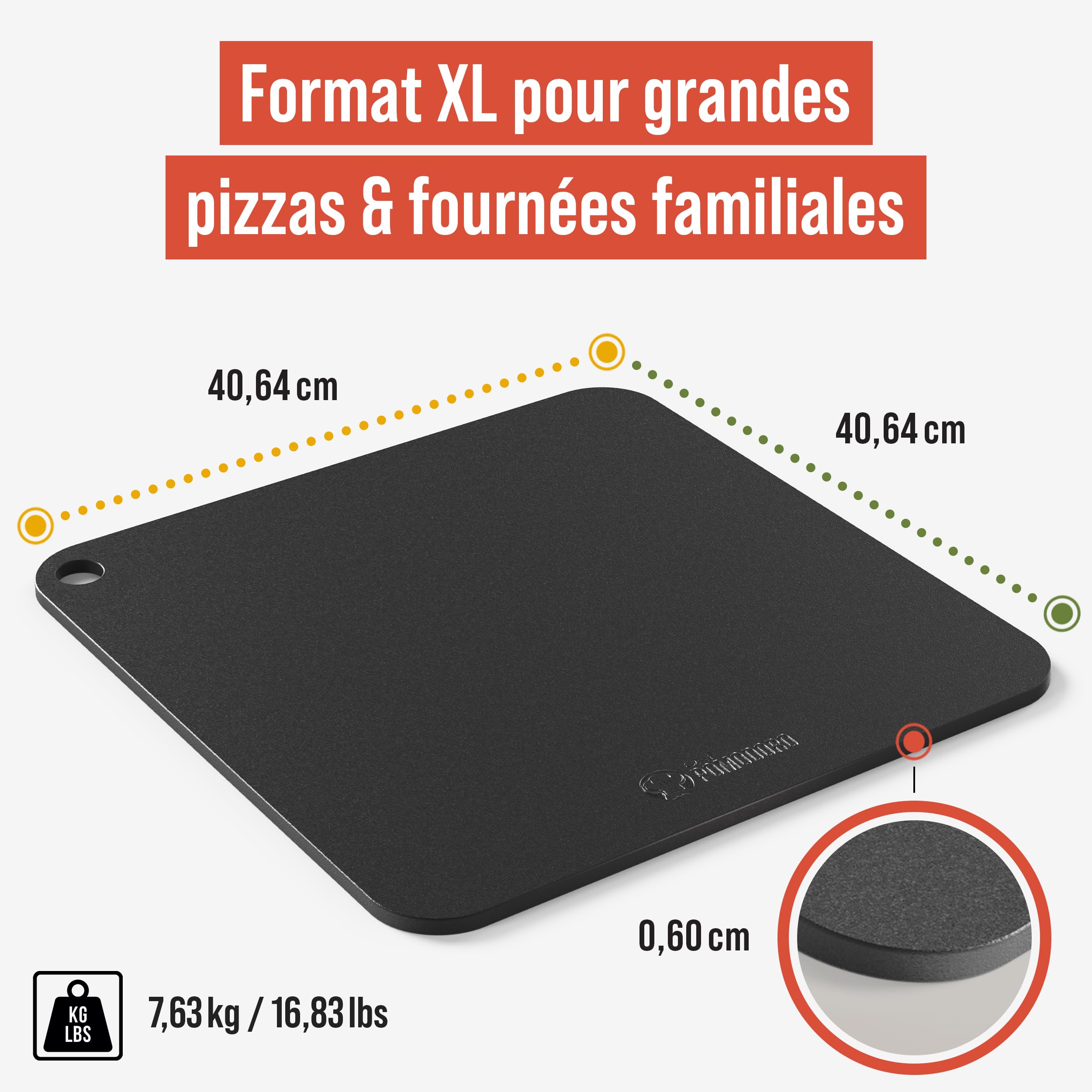 Chef Pomodoro Pierre à Pizza 40,6 x 40,6 cm (6,35 mm), Pierre Réfractaire Four, Pierres à Pizza, Cuisson, Pour Four, Acier, Avec Trous de Préhension, Idéal Pain et Pizza Maison