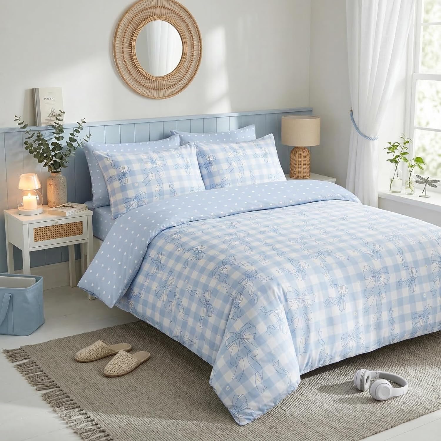 CCoutueChen Blue Plaid Bow Comforter Set Twin Size, 2 Pcs Checkered Gingham Bedding Set Love Heart Reversible Comforter with 1 Pillowcase, 68"x86"