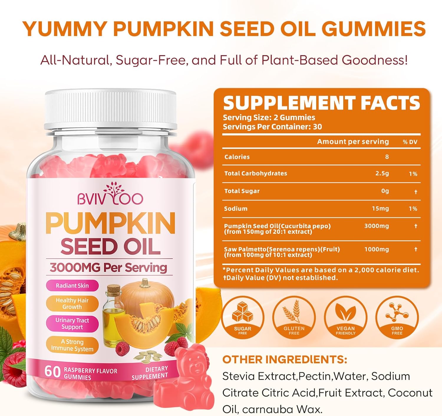 Pumpkin Seed Oil Gummies with Saw Palmetto, Organic Pumpkin Seed Oil Supplement, High-Purity Extract for Hair Growth, Skin Health, & Immune Support, Raspberry Flavor, 60 Count - Image 2