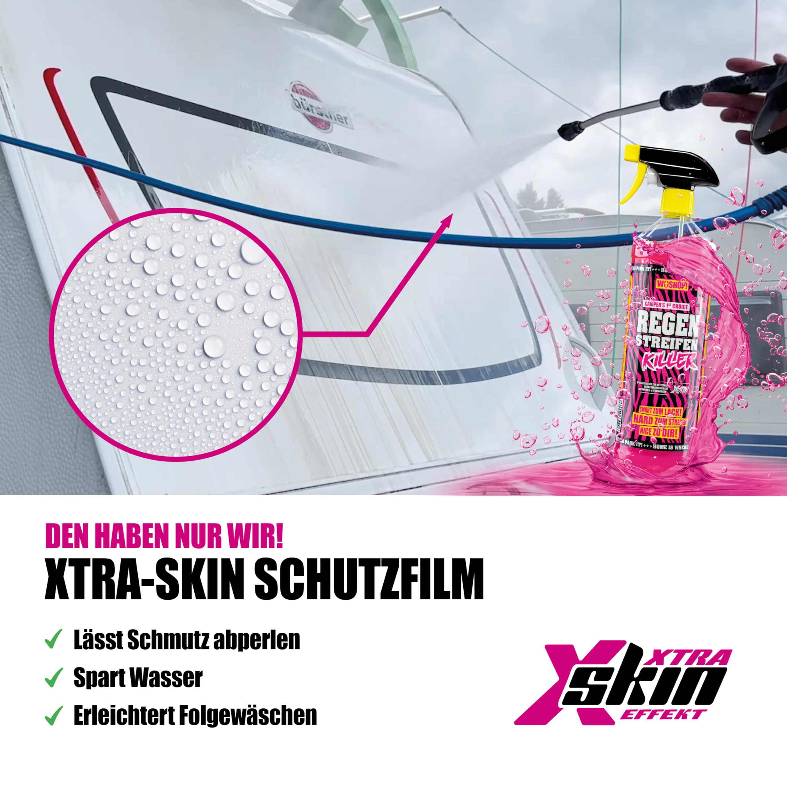 High Power Wohnwagen Reiniger Regenstreifen Killer Xtra Skin Schutzfilm 1000 ml Regenstreifenentferner für Wohnwagen, Wohnmobil, Boot, Anti Regenstreifen (1 Liter)
