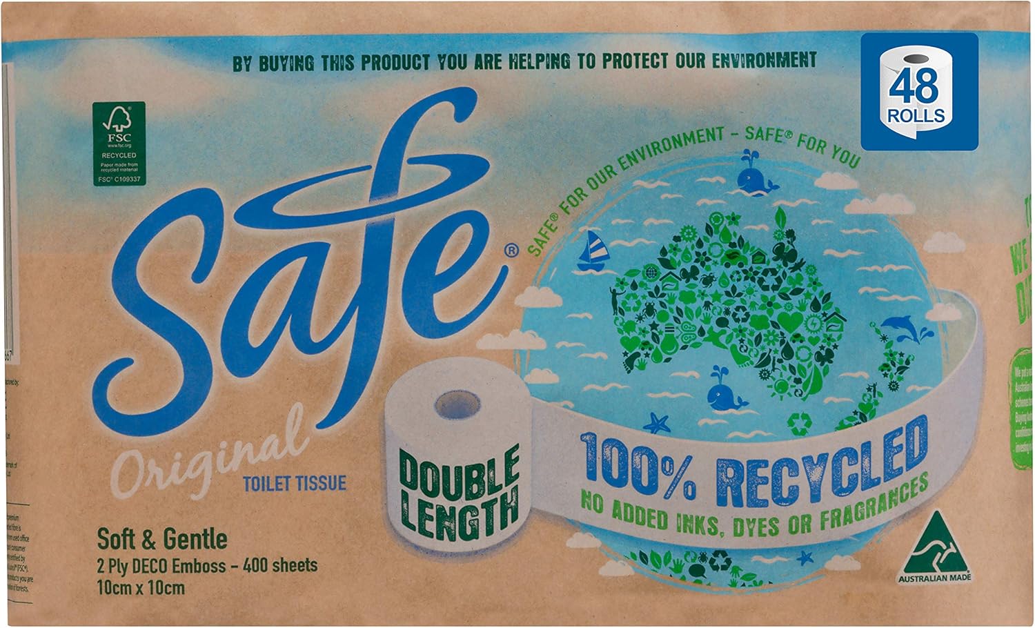 Safe 2 Ply Recycled Toilet Paper, 400 Count (Pack of 48)