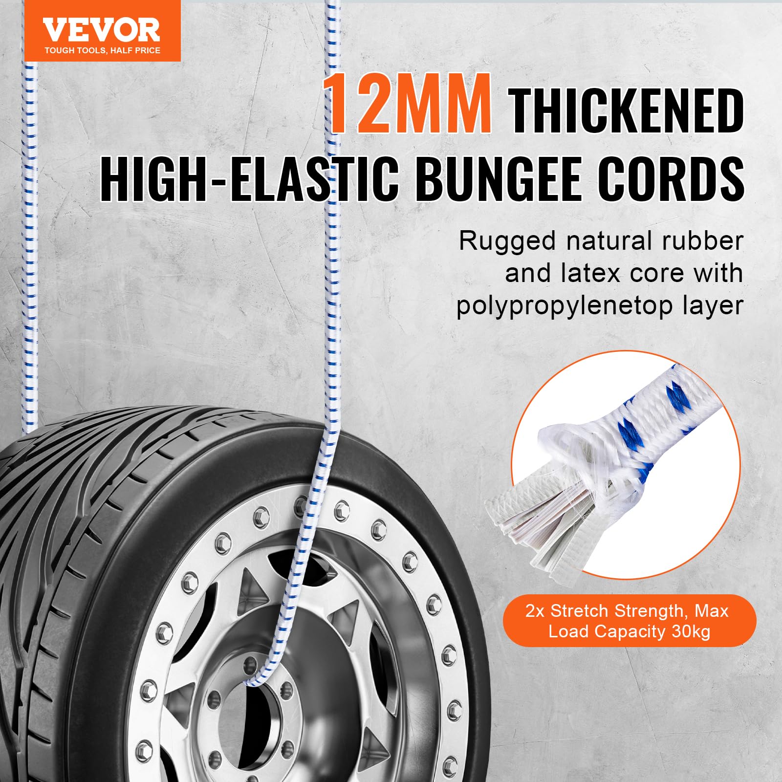 VEVOR Tendeur Élastique, Lot de 6, Cordes Élastiques Robustes, Diamètre 12 mm, Longueur 1,8 m, avec Crochets J Acier, Corde de Fixation Extensible pour Camping, Bâches, Moto, Camion, Tente, Blanc Bleu