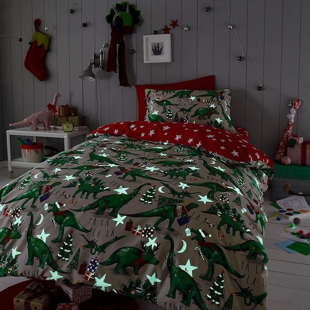 Happy Linen Company Girls Boys Kids Christmas Dinosaur Glow In The Dark Taupe Natural Single Reversible Duvet Cover Bedding Set