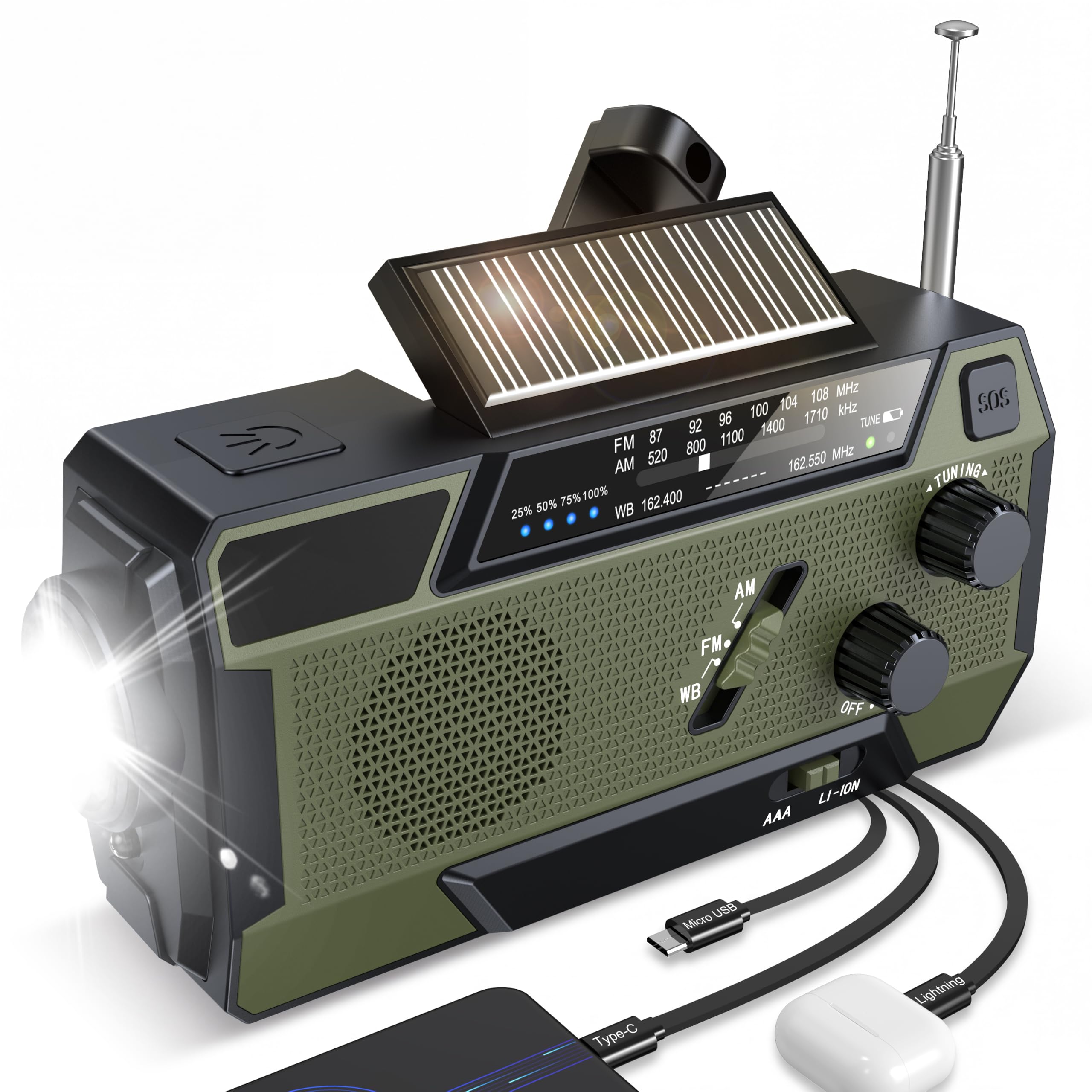Kurbelradio Notfallradio 4000mAh (14800 mWh) Akku, Powerbank mit 3 integrierten Kabeln, Radio mit Kurbel und Solar, AM/FM SOS Alarm Taschenlampe Notfall Kurbel Radio für Camping Outdoor Stromausfall