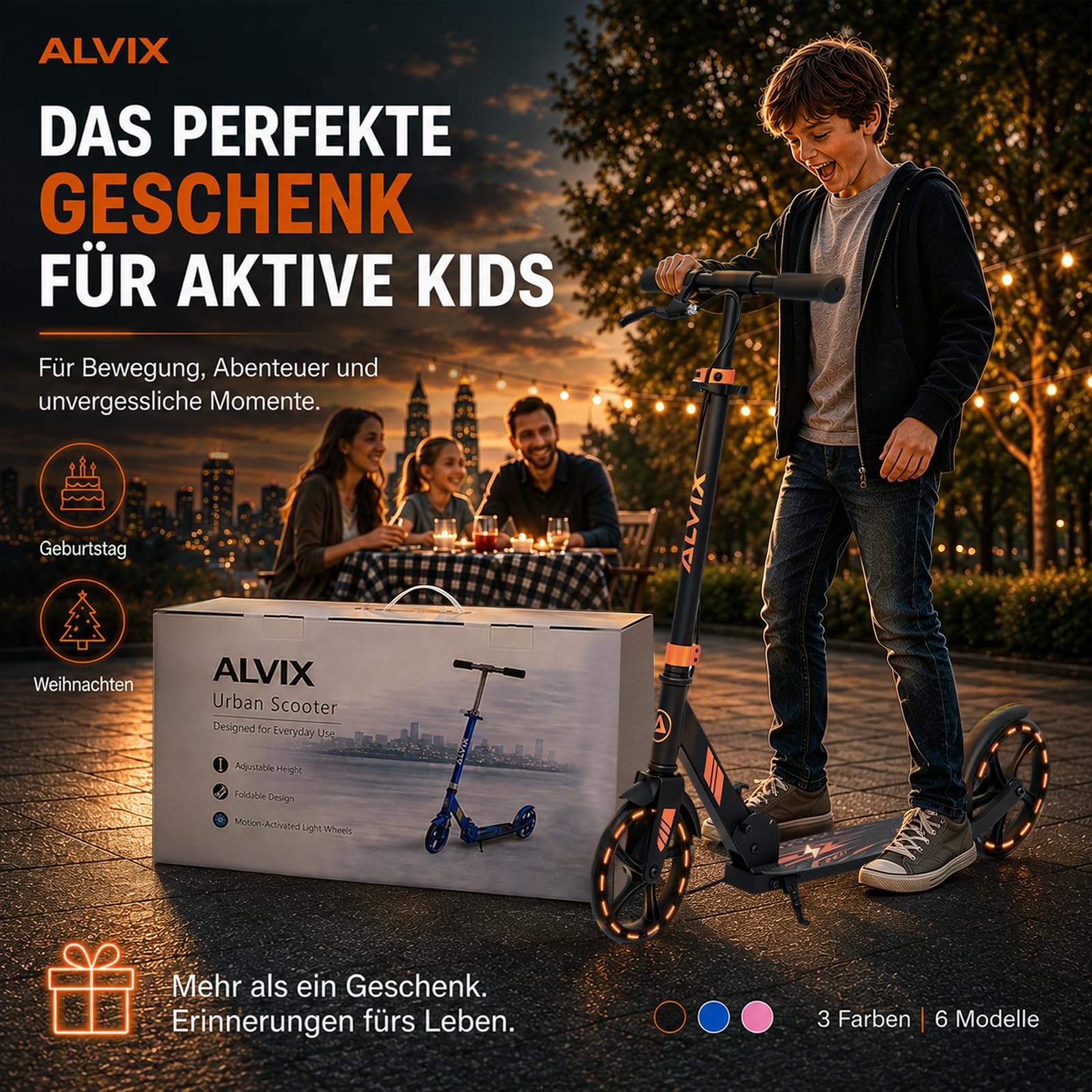 ALVIX Kinder Scooter mit Handbremse & LED-Rädern – 200 mm | Höhenverstellbarer Kinderroller ab 6 Jahren, faltbarer Kickroller mit Tragegurt, breitem Deck, bis 100 kg