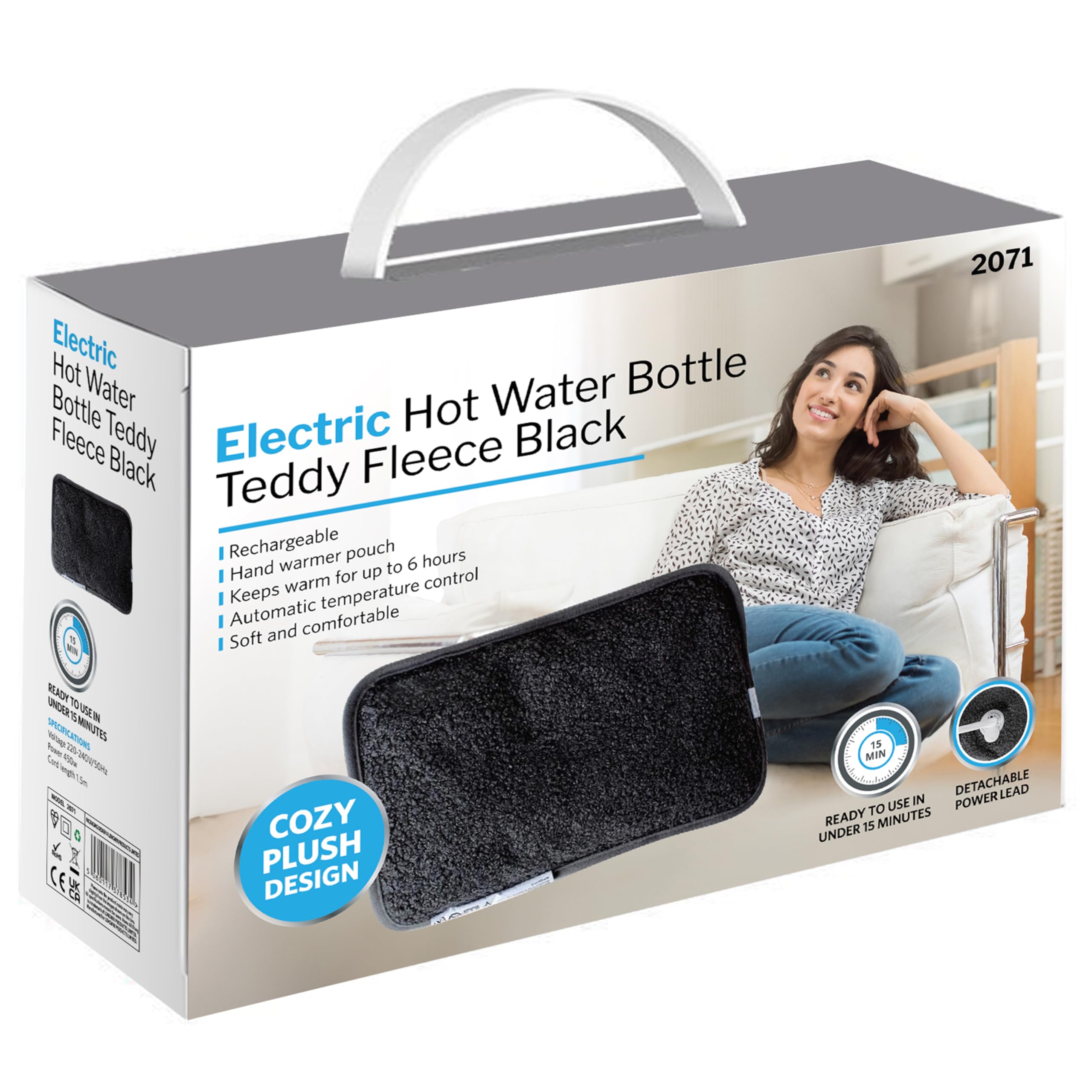 Rechargeable Electric Hot Water Bottle Ultra Plush Teddy Plush Bed Hand Warmer Massaging Heat Pad Cozy Fast Heating Auto-Shut Off Function Over-Heat Protection & No Refill Black