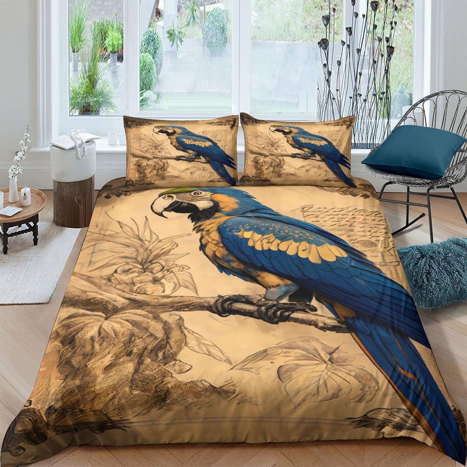 XFKLYNVCJ 3D Printed BlueParrotArt Comforter Cover Breathable Fabric VintageIllustrationStyle Duvet Cover Hypoallergenic Shrink Resistant for University Dorm Student Bedroom Use Single（135x200cm）
