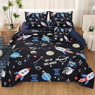 JQinHome Twin Space Comforter Set for Kids,6 Piece Bed in A Bag 3D Galaxy Space Rocket Planets Bedding Set for Teens Boys Girls with Pillowcases, Flat Sheet,Fitted Sheet, Cushion Cover