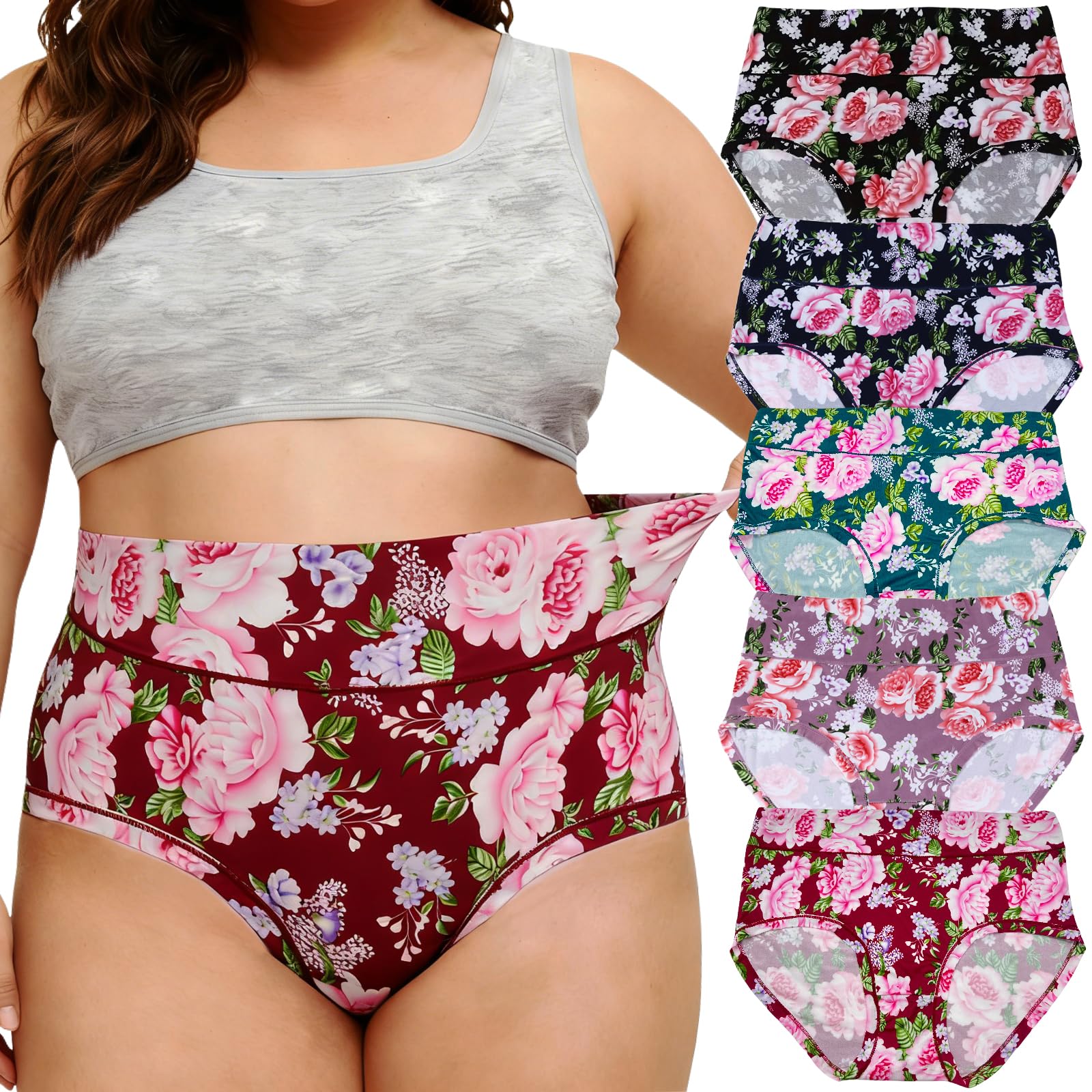 Womens Underwear Plus Size XL-5XL Briefs Panties Rose Floral 5-Pack