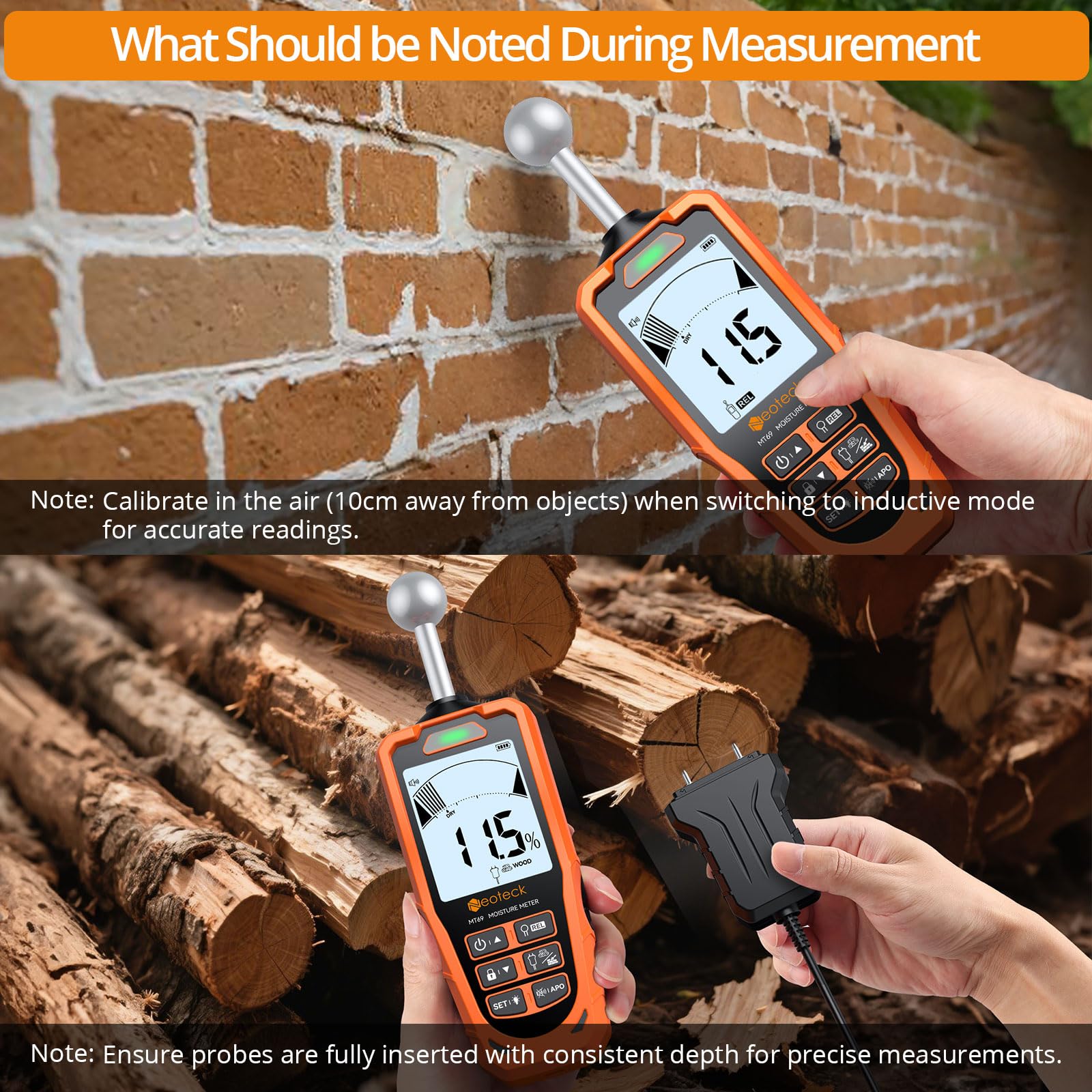 Neoteck 2-in-1 Moisture Meter with Pin & Ball Sensor, Non-Destructive Wall Damp Detector with LCD & Alarm, for Wood Concrete - Image 4