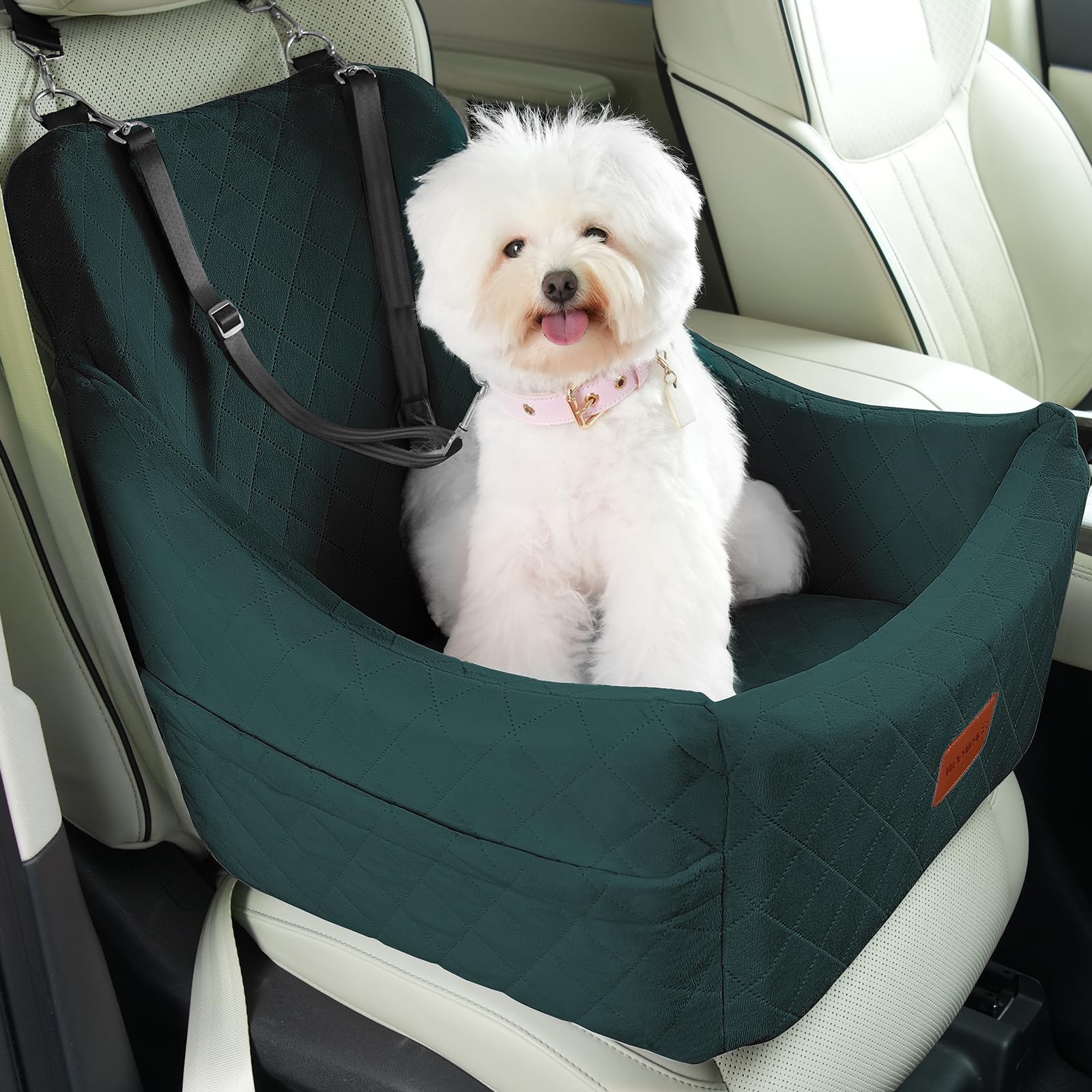 Photo 1 of WOOAIDAGG Dog Car Seat for Medium Dogs, Pet Travel Bed with Seat Belt Channel, Fully Detachable and Washable, 3 Straps Easy to Install (Green)