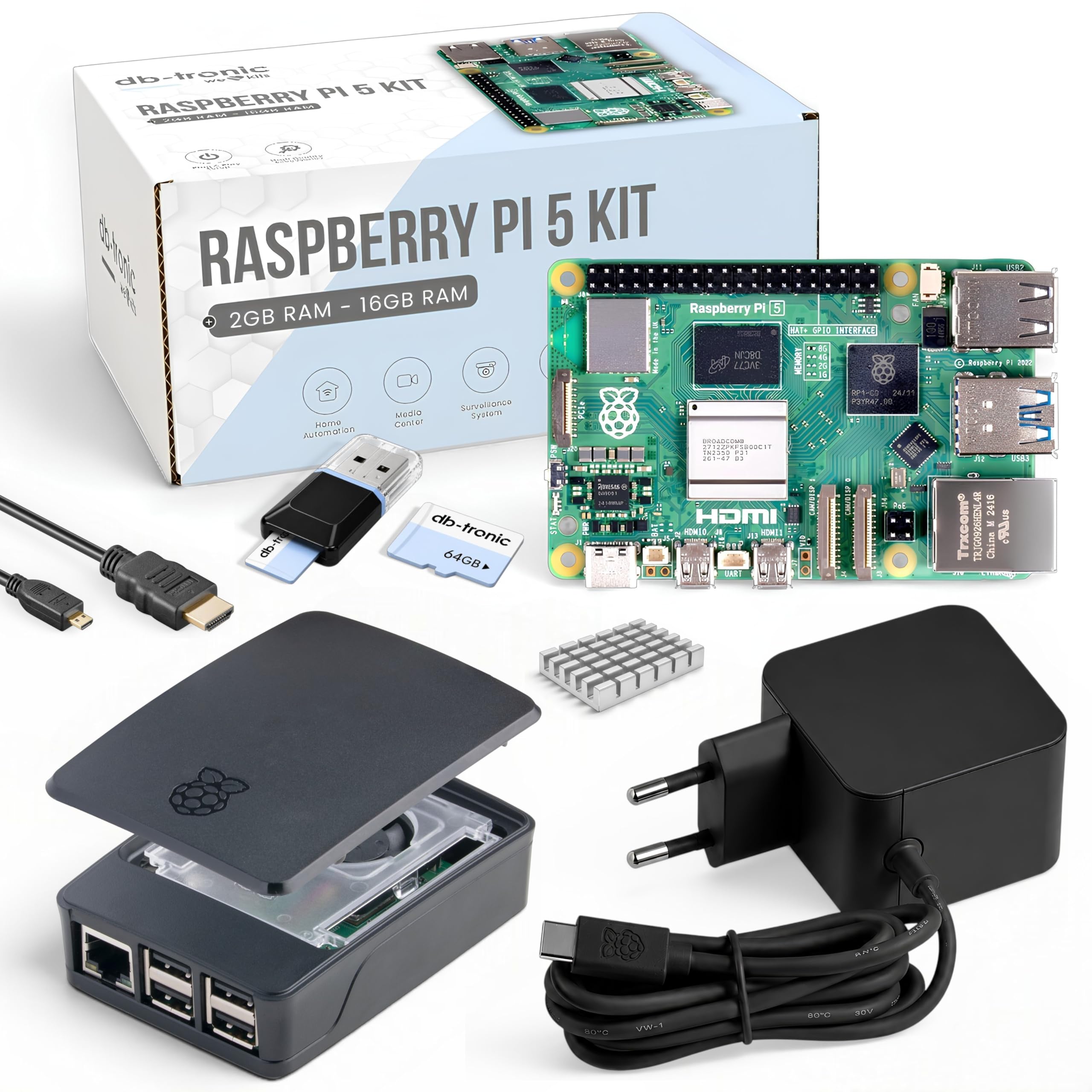 db-tronic Raspberry Pi 5 8 GB Starter Kit | Czarna edycja 64 GB | Zasilacz 27 W | Obudowa z wentylatorem | Micro HDMI 4K | idealny do Home Assistant i smart home