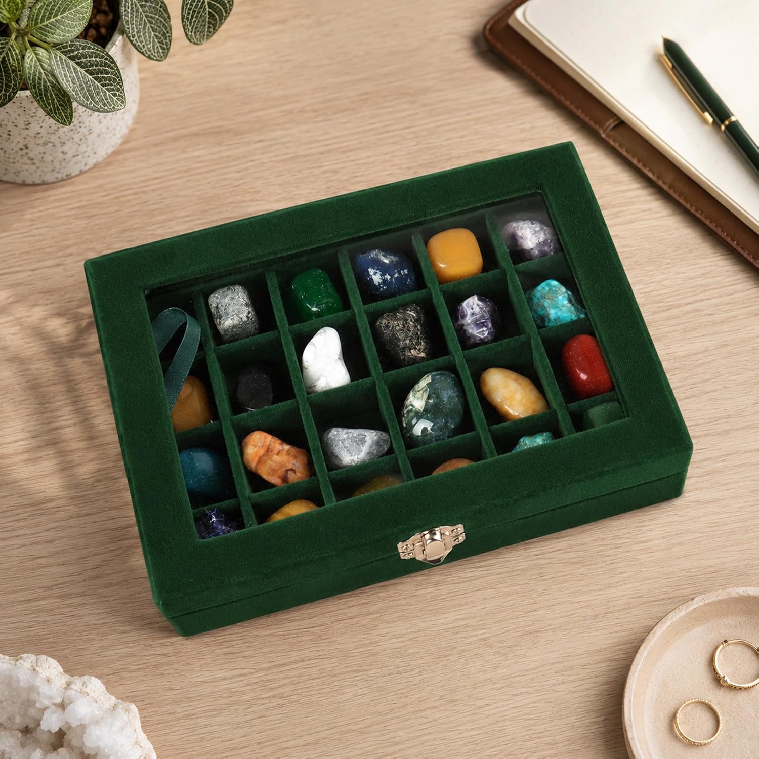 24 Grids Rock Display Case, Each Grid 1.1x1.2, Velvet Storage Display Box for Small Rocks Gemstone Fossil Crystal Natural Stone Jewellery Collectibles 8x6.1x2(Green)