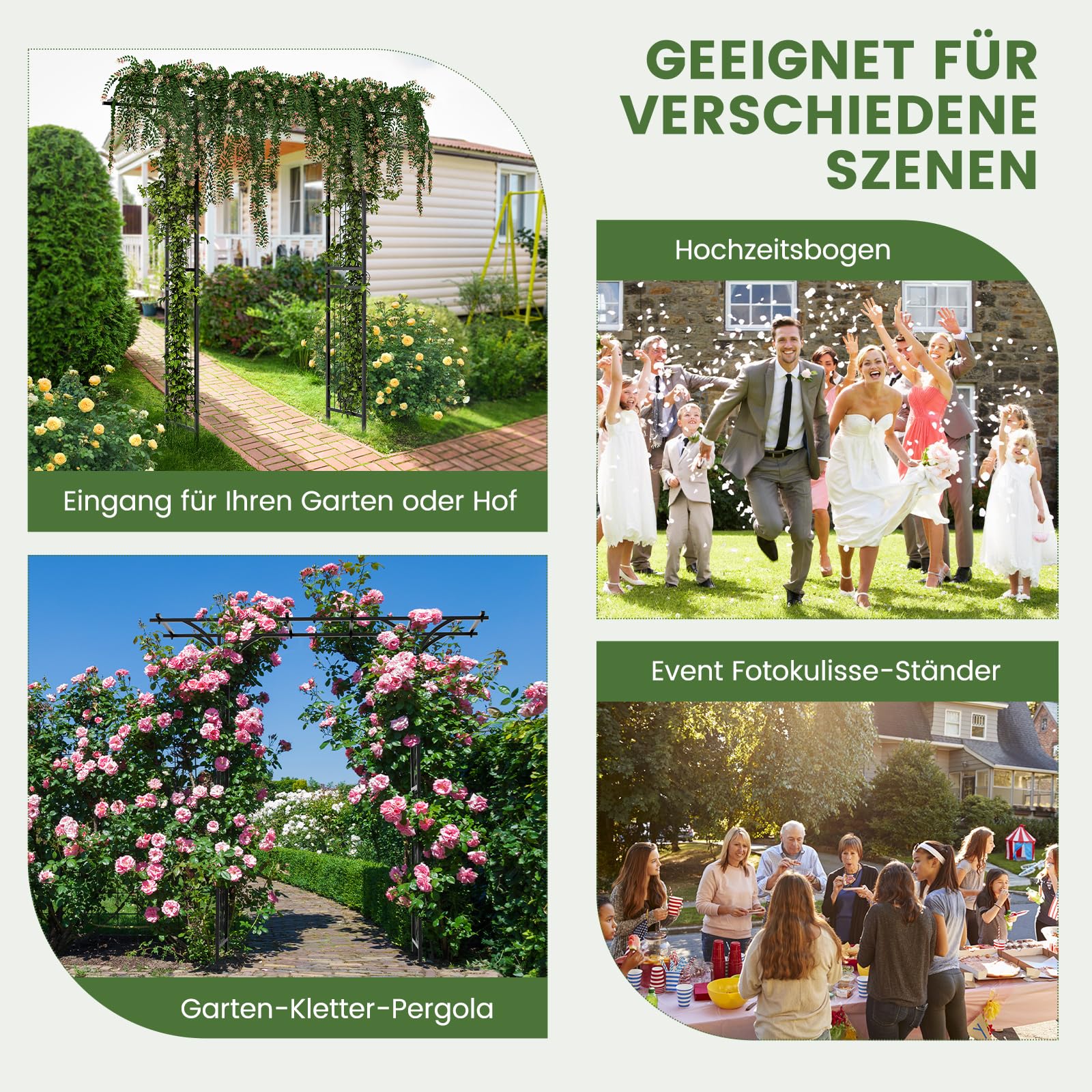 COSTWAY Rosenbogen Metall, Gartenbogen für Kletterpflanzen, Torbogen Garten, Rosengitter Rankhilfe, Rankgitter Rosenspalier, Rankbogen für Hinterhof Veranda Hochzeit Partys, 200x52x206cm, Schwarz