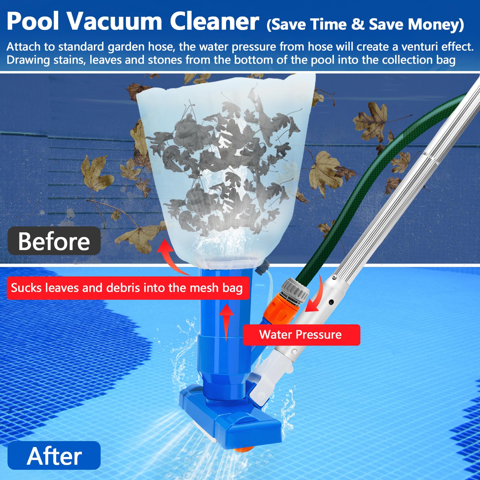 Pool Cleaning Kit, 140cm 4.6ft Swimming Pool Vacuum Cleaner with Large Capacity Skimmer Net, Portable Telescopic Pole Pool Vacuum Cleaner, Handheld Pool Pond Hot Tub Net for Cleaning, Upgraded Brush - 2