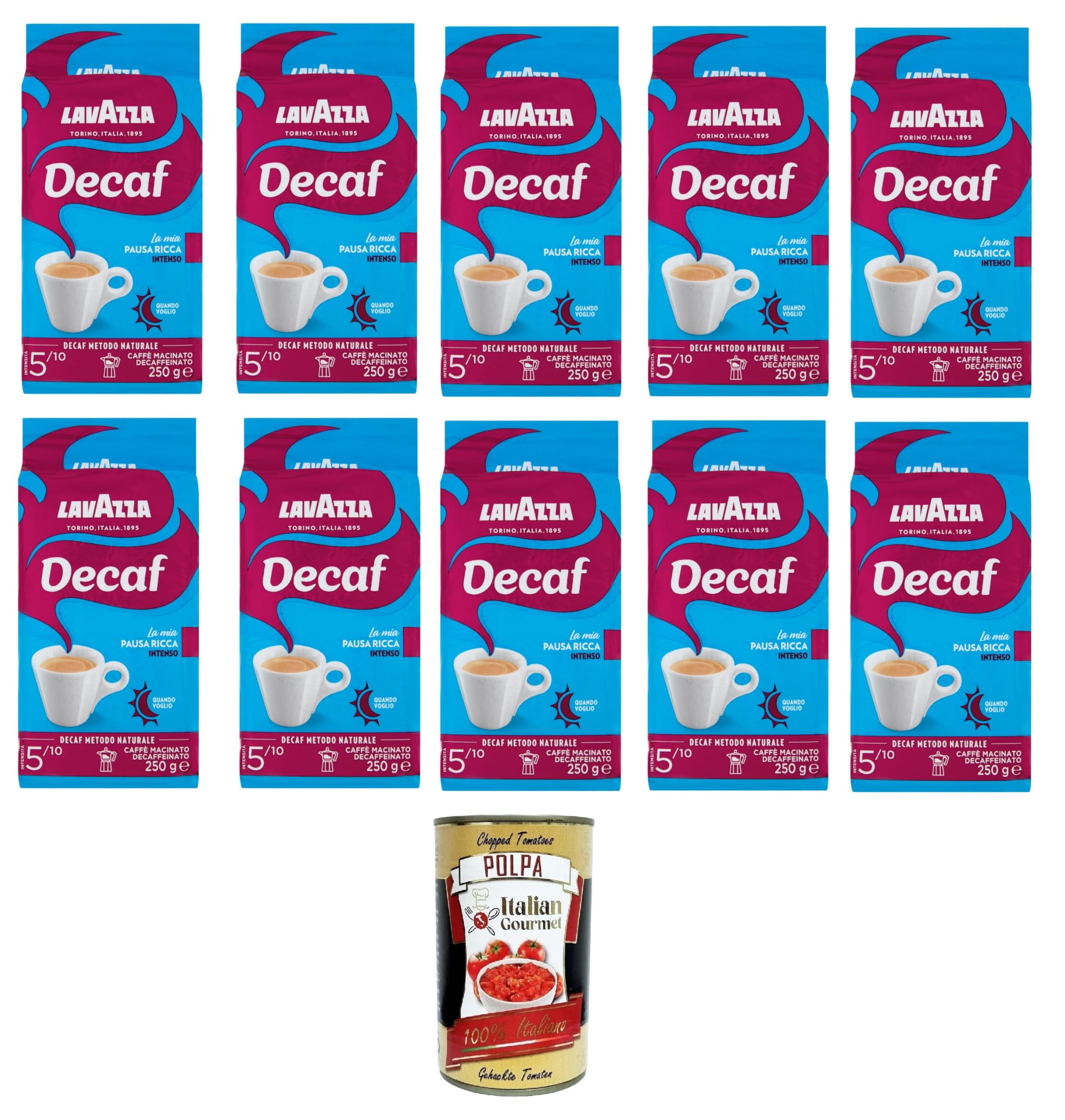 Decaf Intenso Café molido intenso descafeinado 10 x 250 g+ Italian Gourmet polpa 400g