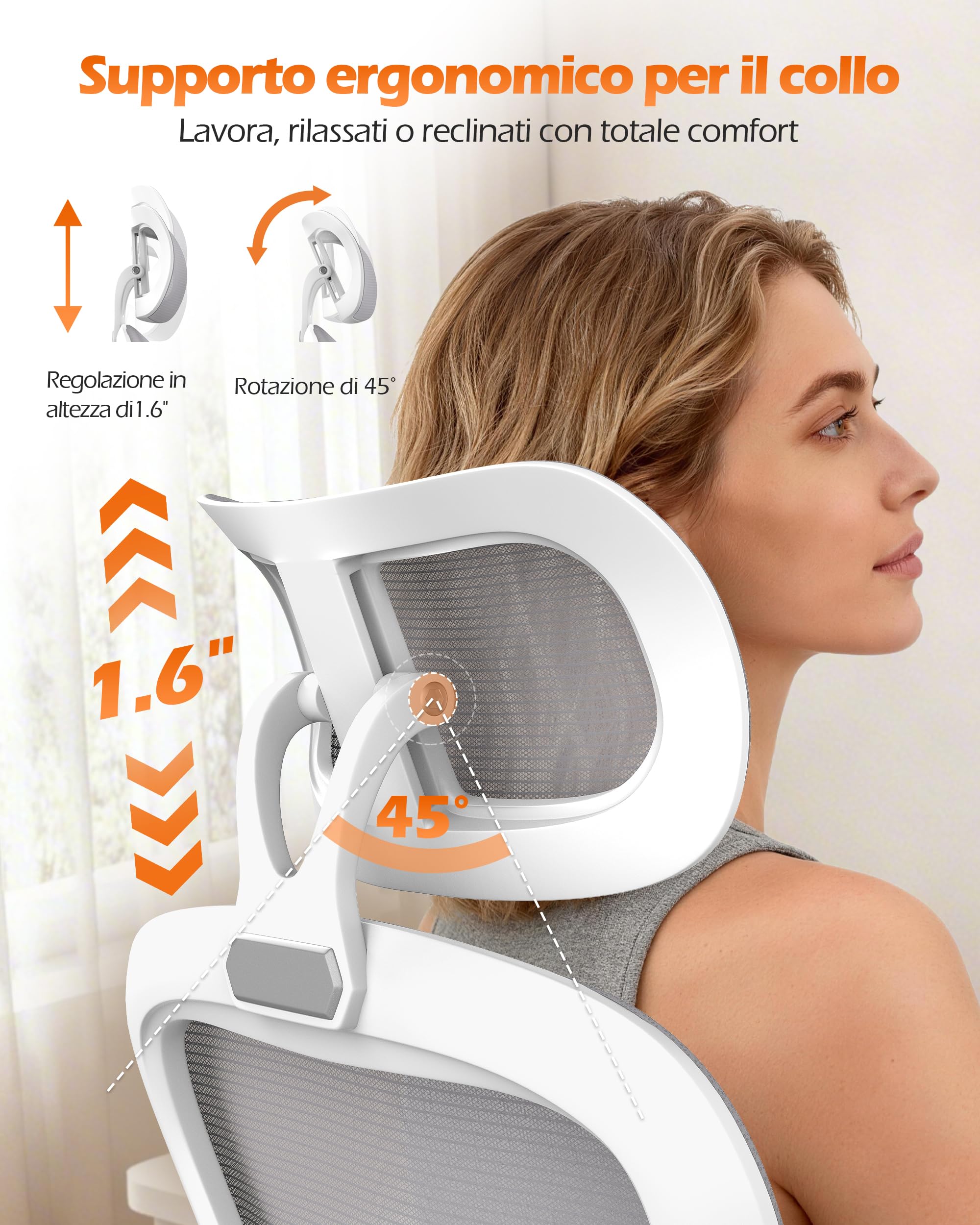 naspaluro Sedia da Ufficio Ergonomica, Sedia da Scrivania Ergonomica, Sedia Girevole per Ufficio, Schienale in Rete, 136 kg, Supporto Lombare Regolabile, Ruote Silenziose per Casa e Lavoro