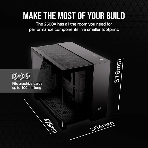 CORSAIR 2500X Small-Tower mATX Dual Chamber PC Case – Panoramic Tempered Glass – Reverse Connection Motherboard Compatible – No Fans Included – Black