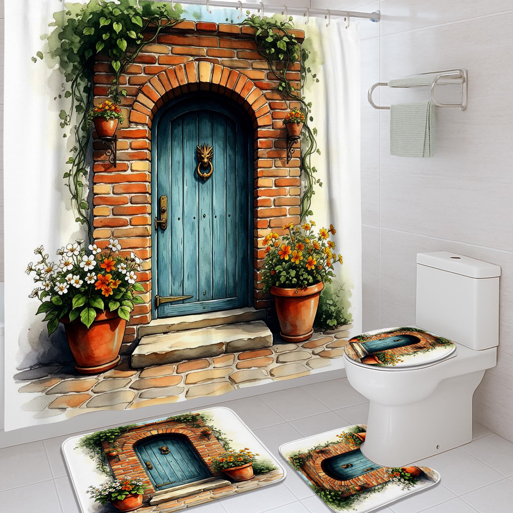 Rideau de douche rustique bleu 183x183 cm lavable avec crochets pour baignoire d'hôte