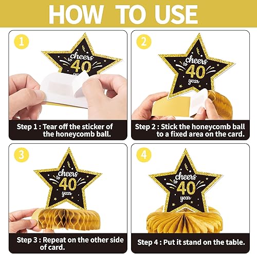 Miniatura 3 de Gexolenu 10 centros de mesa de panal de 40 cumpleaños dorados y negros que saludan a 40 años, centros de mesa para decoraciones de cumpleaños de 40