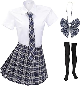 PROCOS Women Japanese Uniform Outfit US Size Costume with Plaid Bow Tie Socks 5 PCS