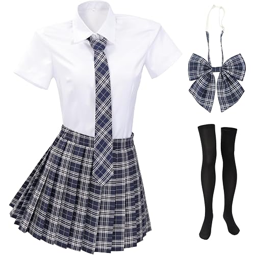 PROCOS Women Japanese Uniform Schoolgirl Outfit US Size Costume with Plaid Bow Tie Socks 5 PCS