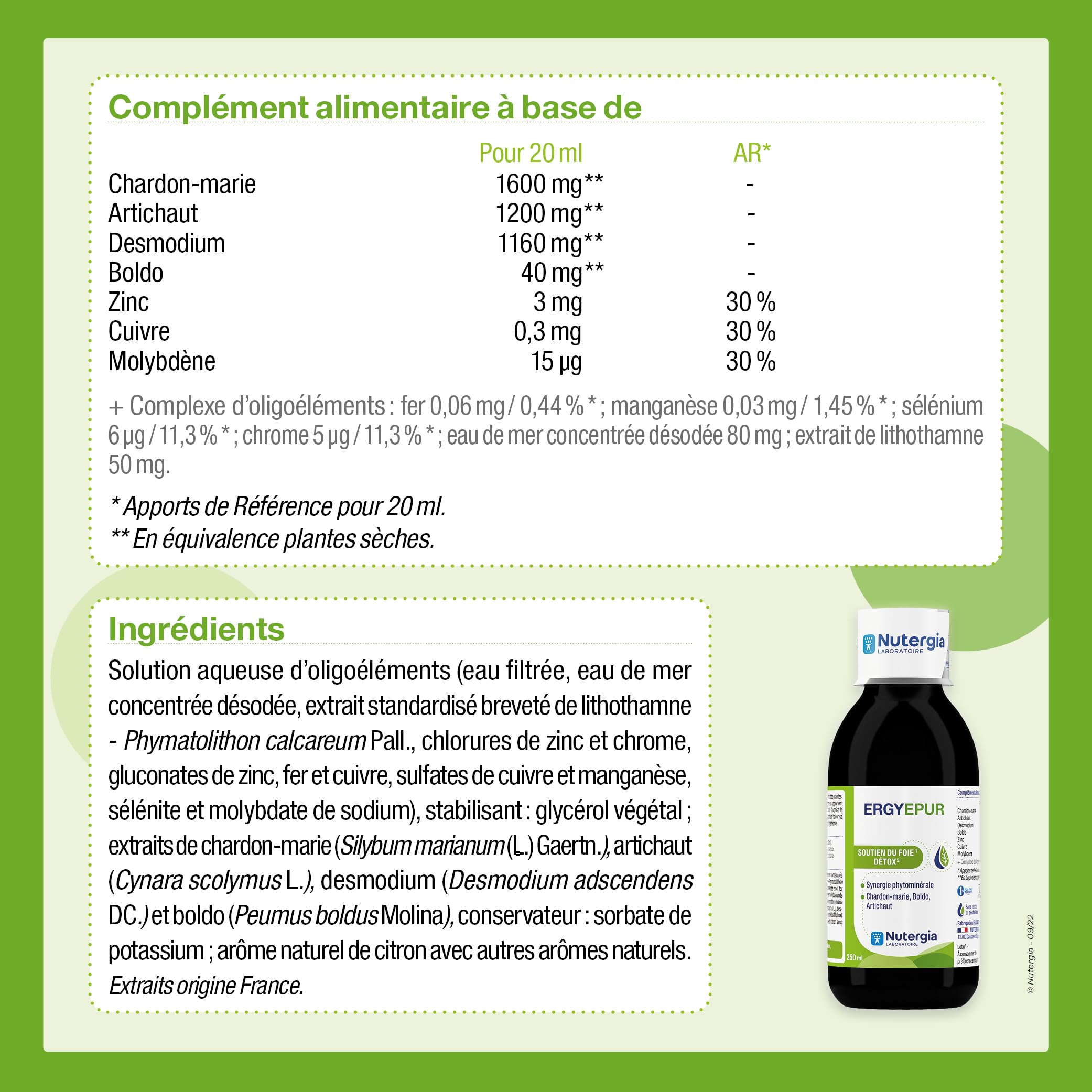Nutergia – Soutien du foie – Detox – Détox hépatique et purification de l’organisme – Complément alimentaire – 250 ml – Fabrication Française