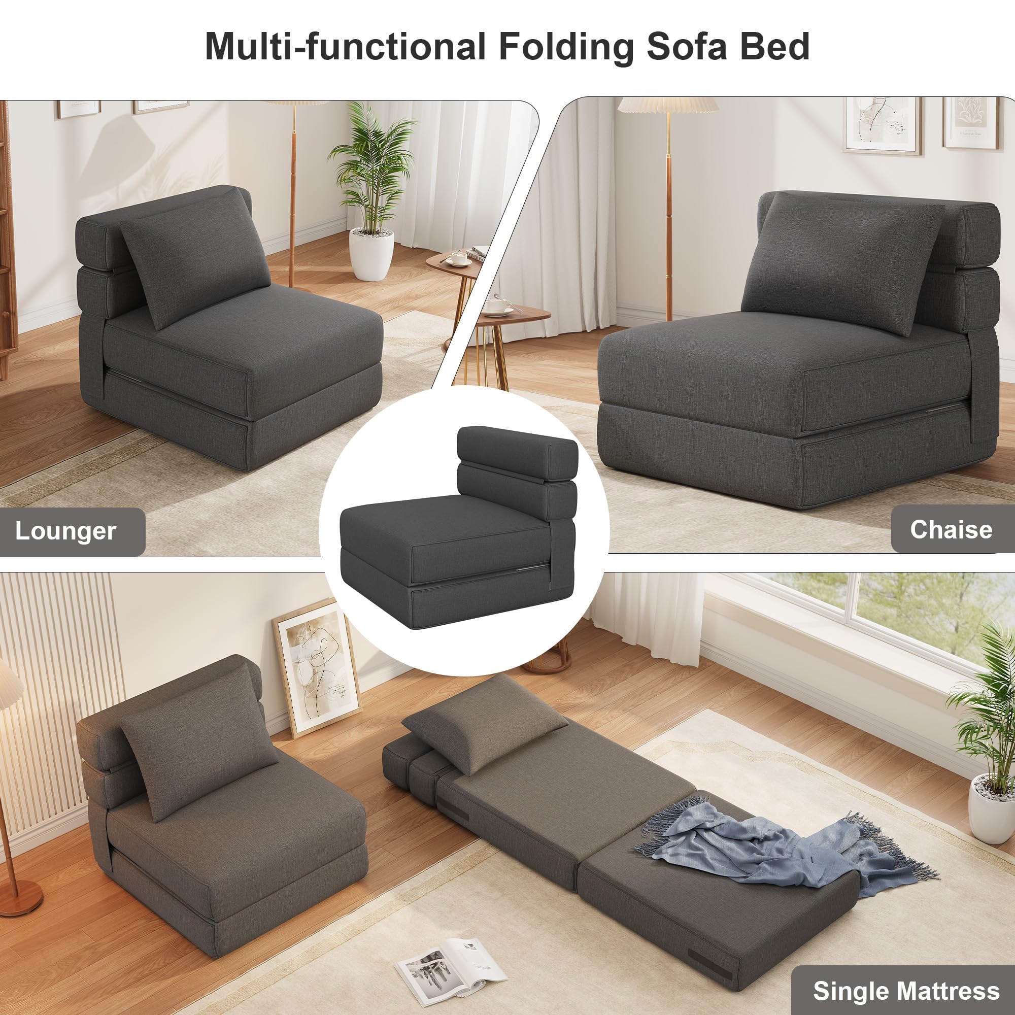 Zstar Canapé-lit Pliable Moderne – Fauteuil Convertible en Tissu Lin, Coussin Inclus, mémoire de Forme Confortable, Chaise Longue ou lit d’appoint pour Salon/Chambre – Gris foncé