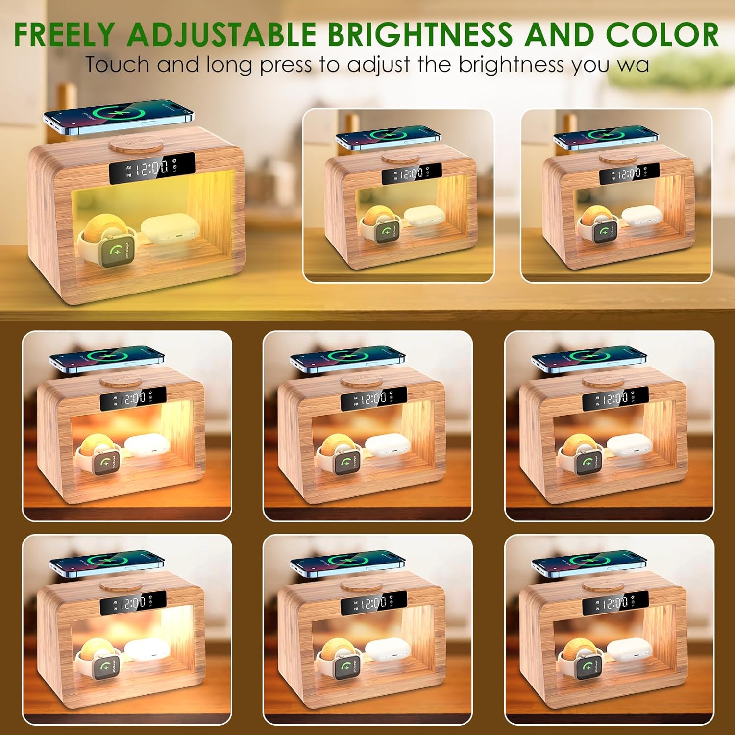 bamboo wireless charging station with alarm clock and night light on bedside table