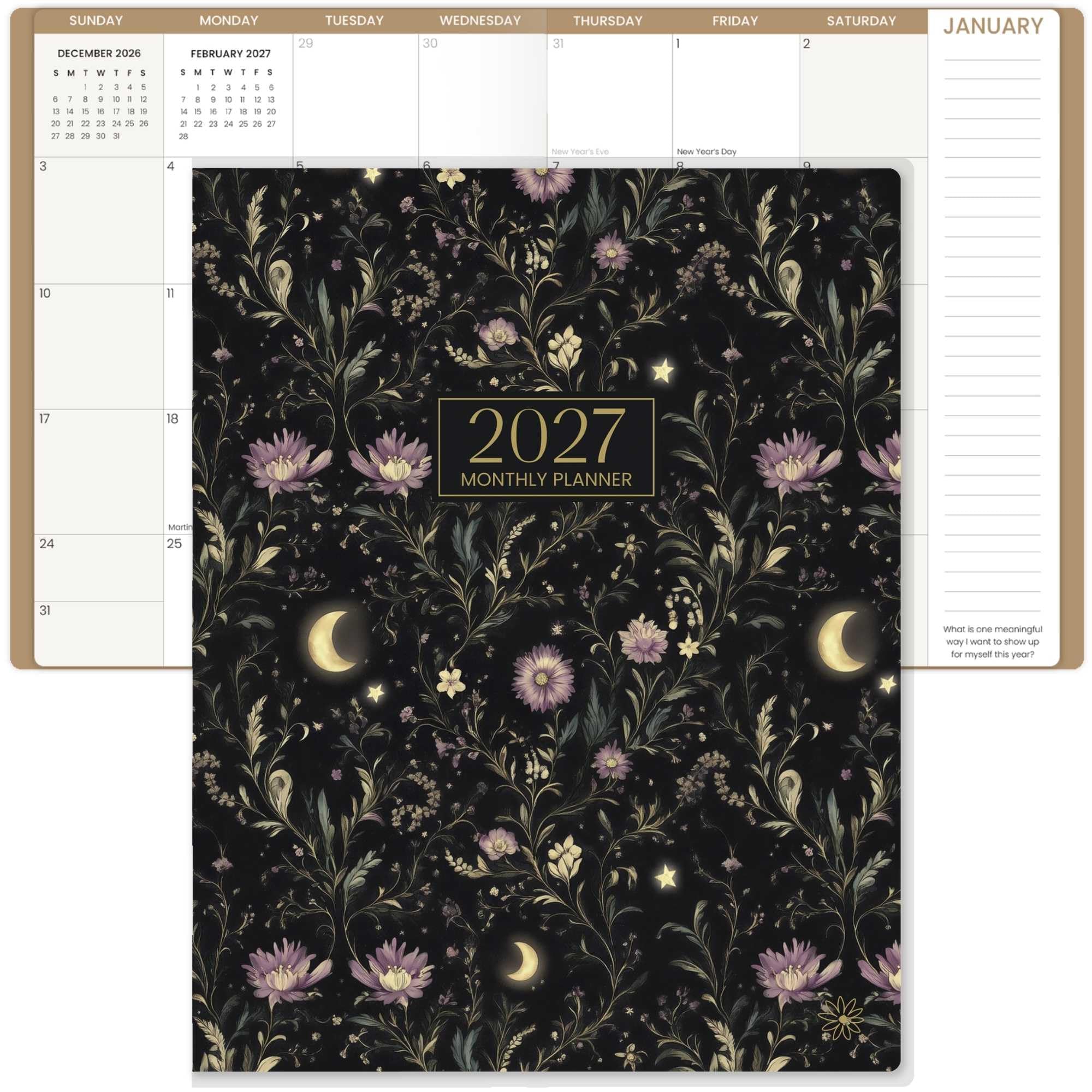 bloom daily planners Calendrier mensuel 2027 (janvier 2027 à décembre 2027) – Grand agenda floral de 22,9 x 30,5 cm – Jardin au clair de lune