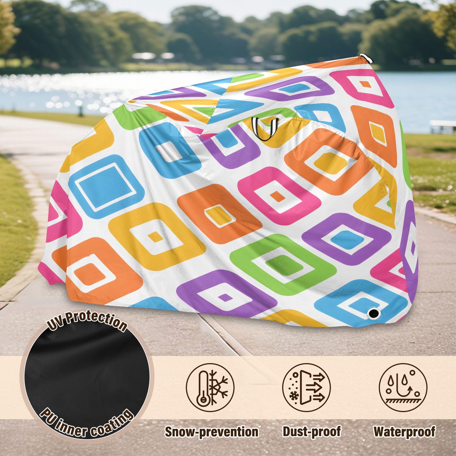 Pokrowiec na rower, wodoodporny, outdoorowy, rowerowy, motorower, wytrzymały, wiatroszczelny, ochrona przed słońcem, do roweru górskiego, szosowego, geometryczny wzór