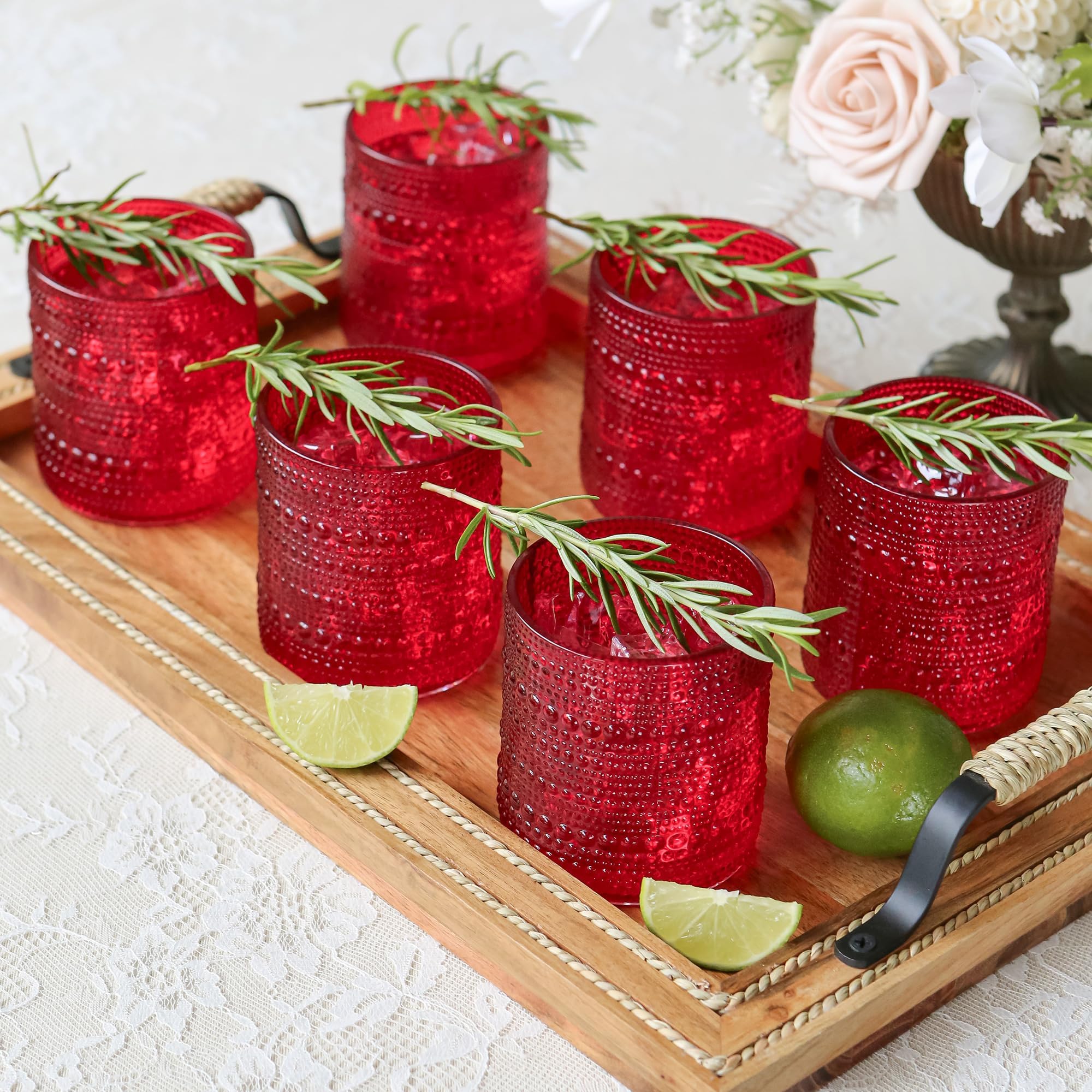 Kate Aspen Red Hobnail Vintage Drinking Glasses Set of 6-10 oz Beaded Glassware for Cocktails, Tea, Water, Juice | Ribbed Retro Glass Cups for Entertaining, Gift Giving or Bar Decor