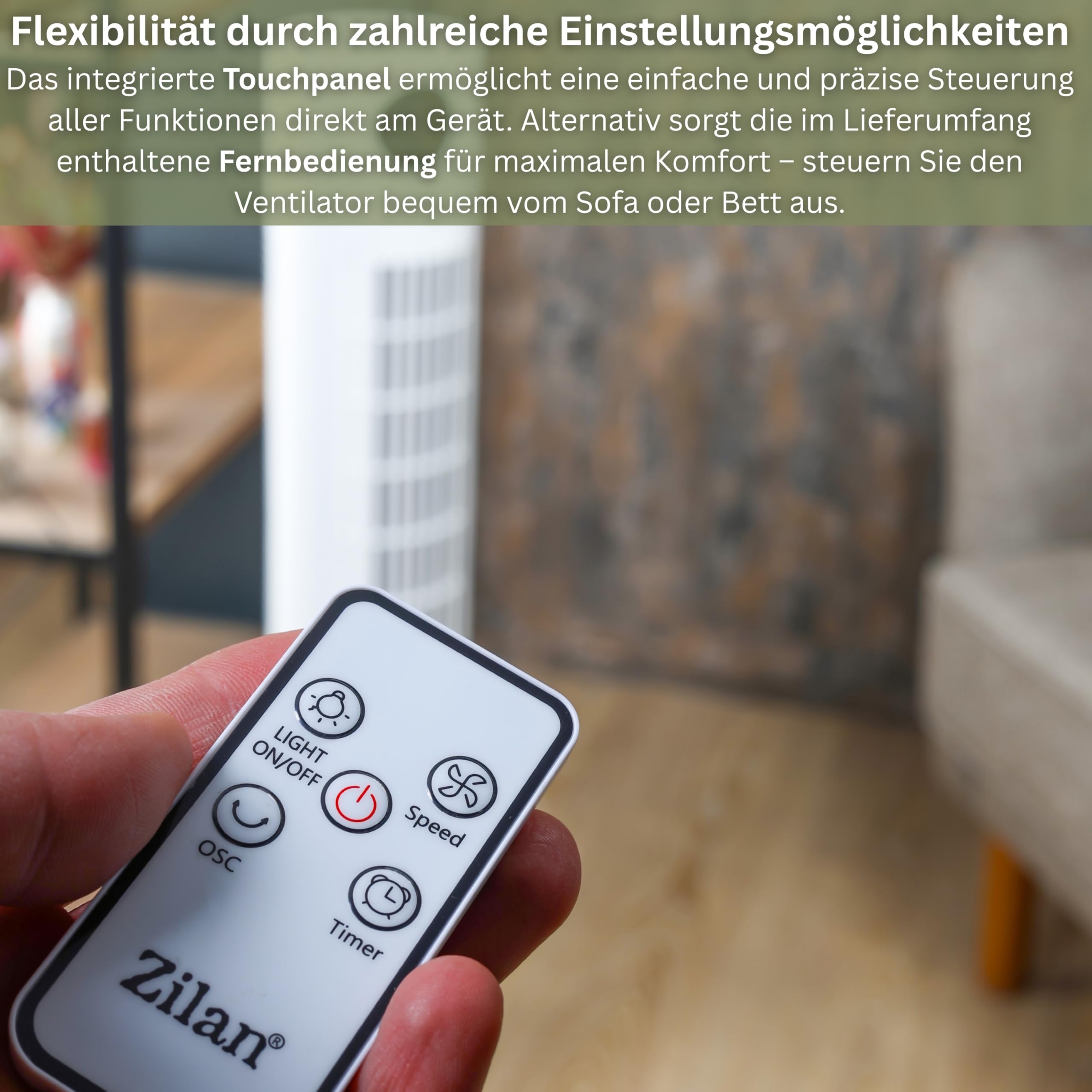 Zilan Turmventilator sehr leise mit Kühlung Standventilator energiesparend Säulenventilator mit Fernbedienung 3 Modi Ventilator Oszillierend 12h Timer LED-Display Tower Fan Aircooler Bodenventilator