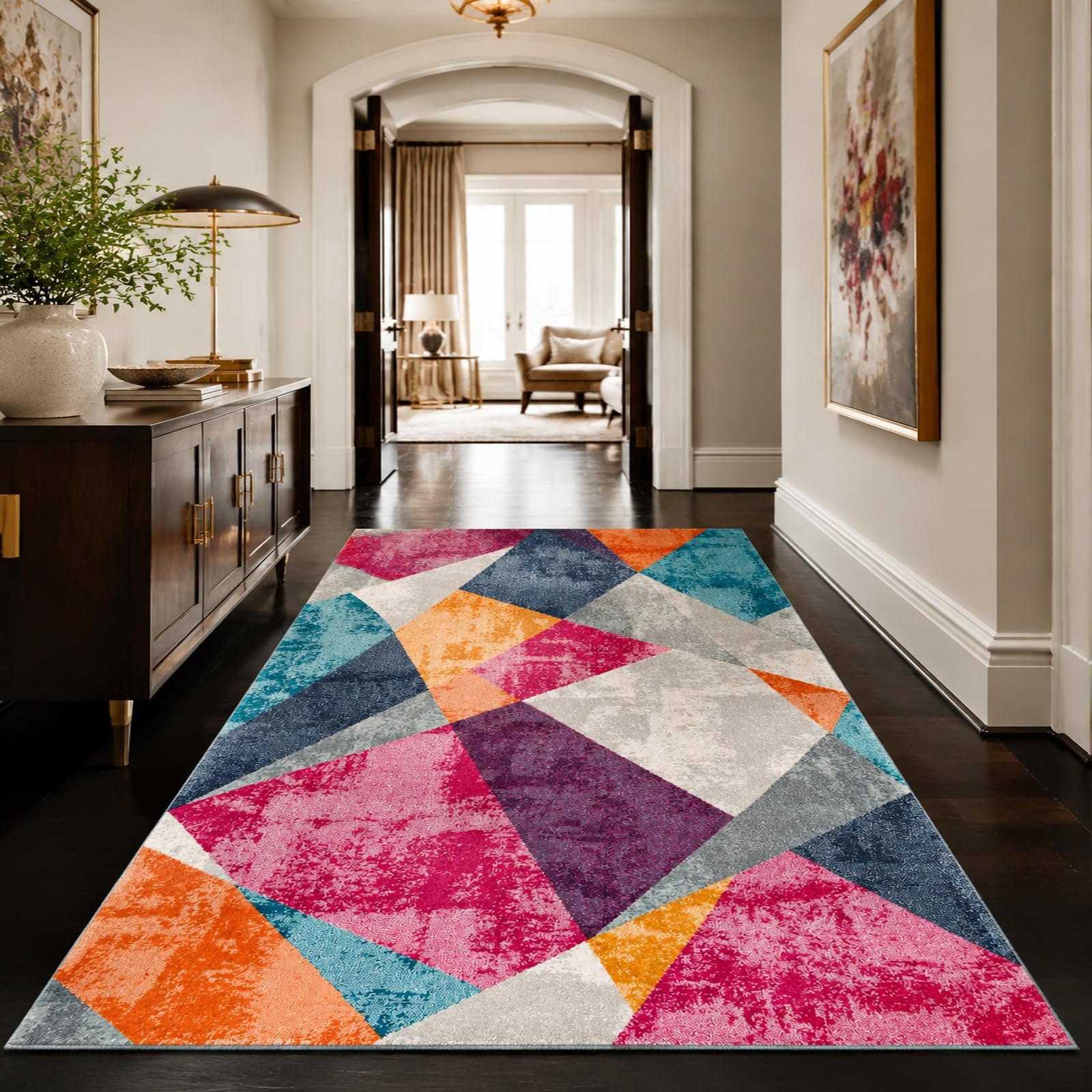 Grande tapis salon géométrique moderne rose et violet moquette chambre adulte 200x300