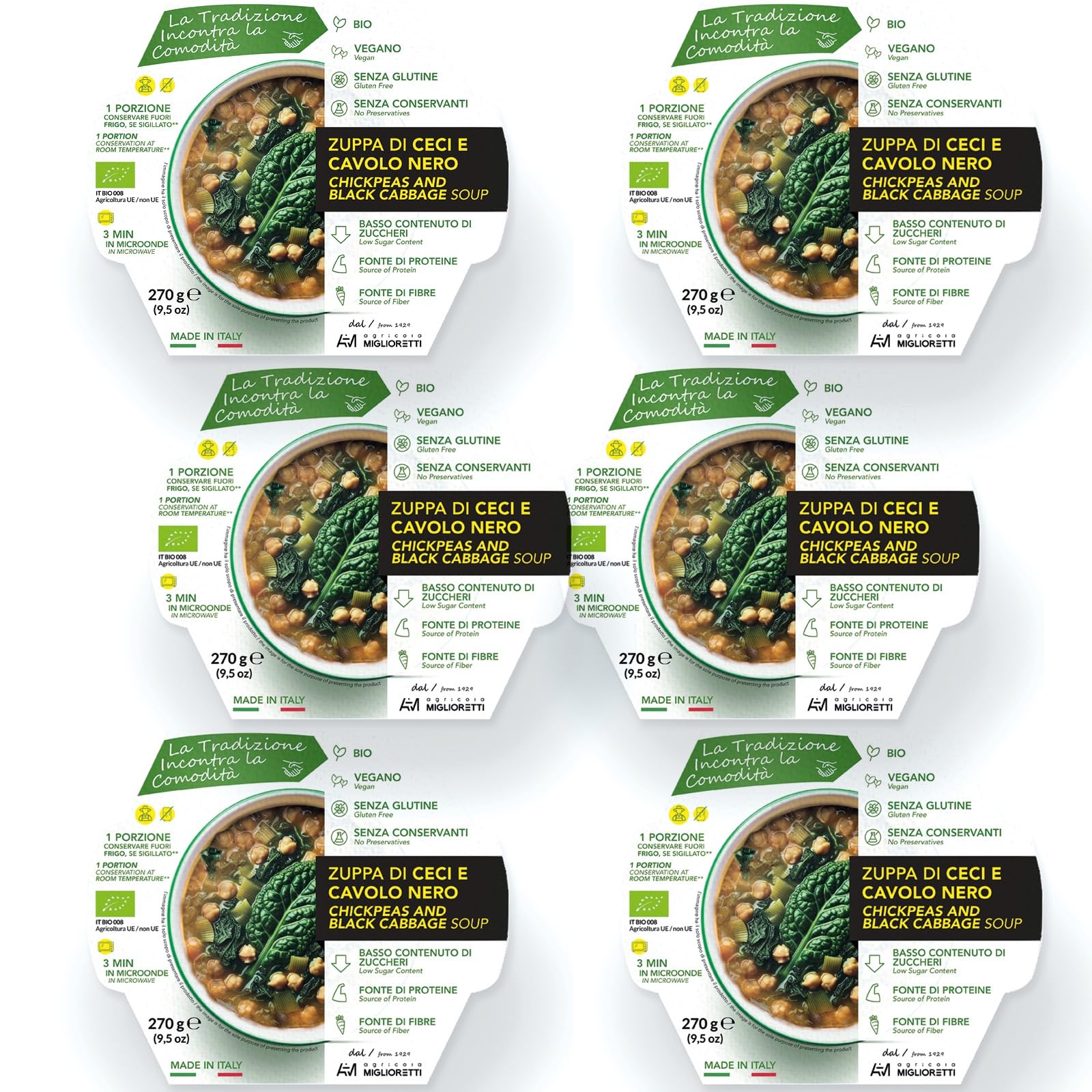 Agricola Miglioretti Zuppa Biologica di Ceci e Cavolo Nero Pronta in 3 Minuti - Vegana, Senza Glutine e Senza Conservanti per un Pasto Sano e Delizioso - 6 porzioni